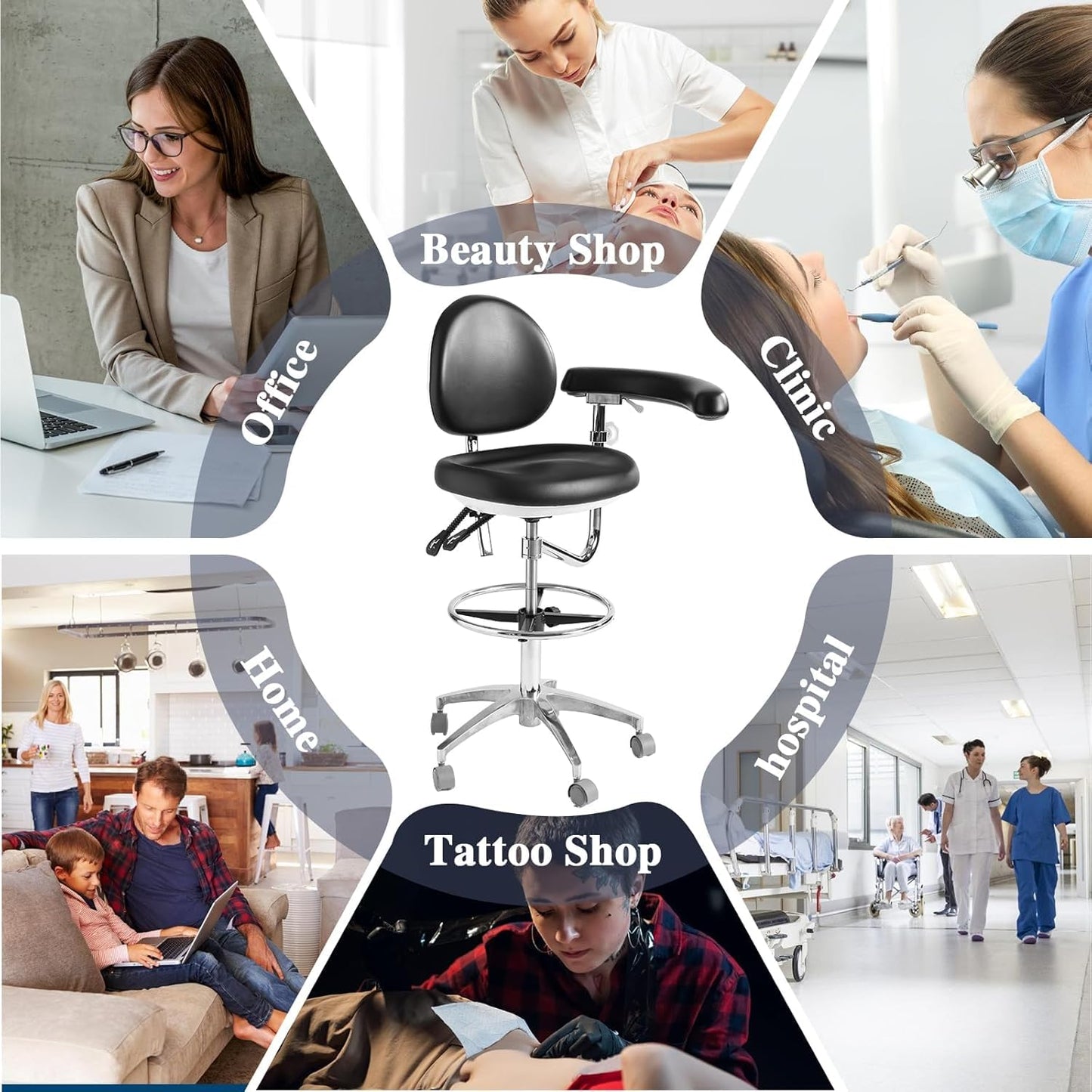 LIMKOMES Medical Dental Assistant Chair with Rotatable Armrest Rolling Medical Chair Ergonomic Swivel Seating Back Support Dentist Stool for Clinics, Dental Offices, Labs-Black