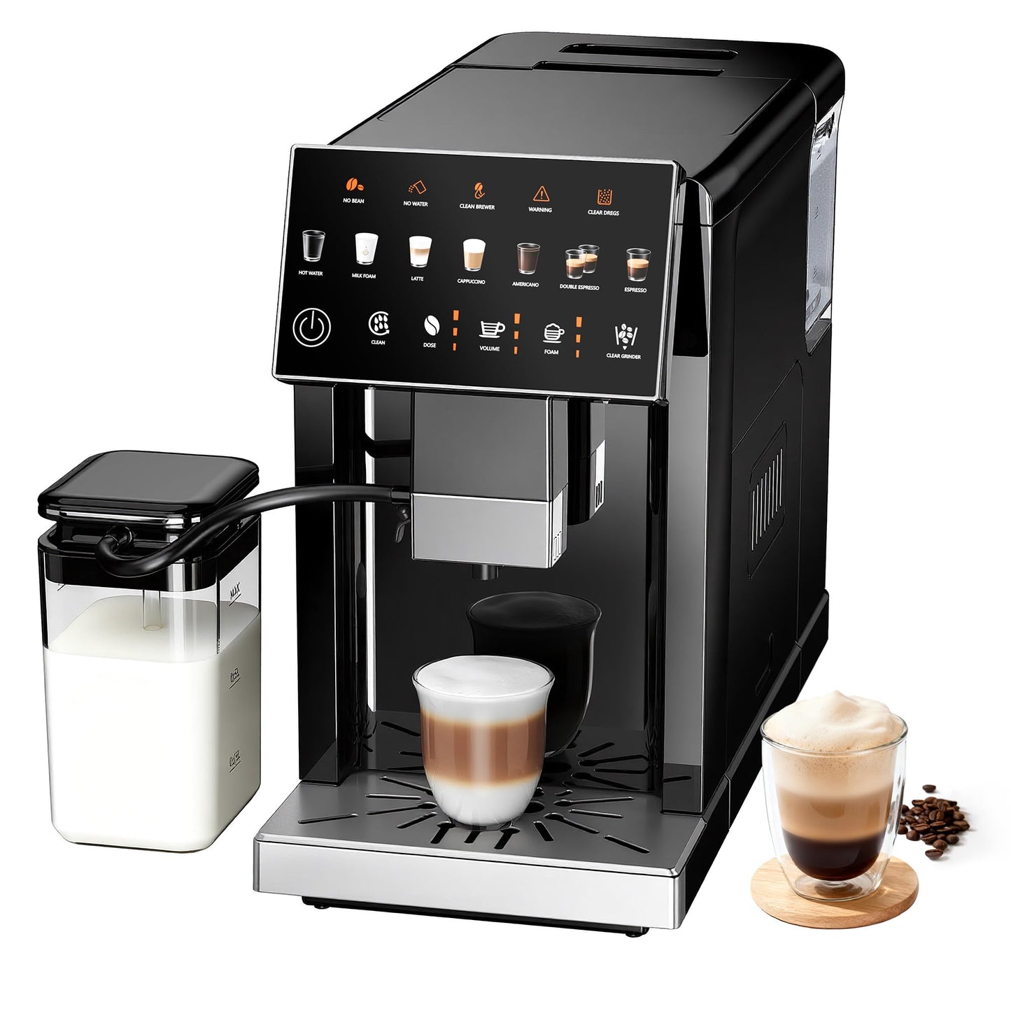 ICEVIVAL Fully Automatic Espresso Machine with Grinder, 20 Bar Coffee Maker with Milk Frother, Touchscreen Espresso Machine for Cappuccino, Latte & Americano, 15 Grind Settings, Self-Cleaning (Black)
