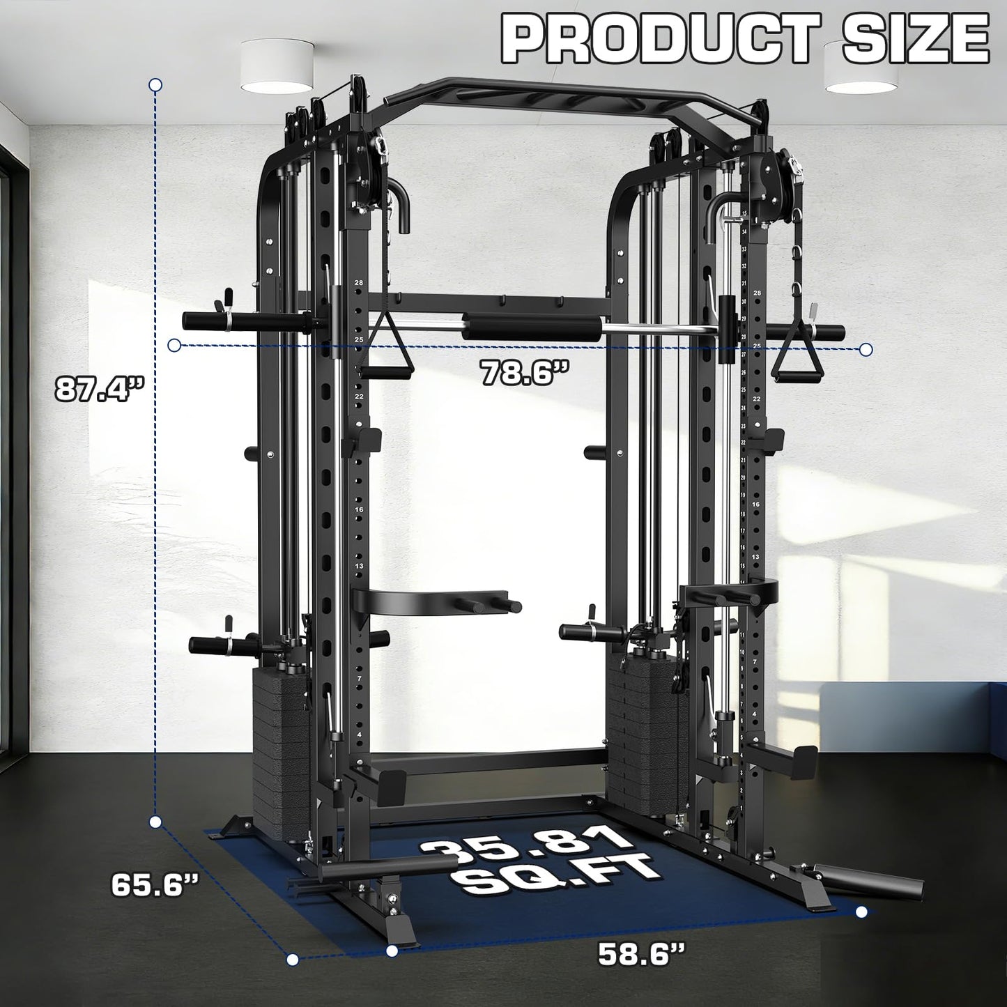 DONOW Smith Machine with Weight Stacks, Power Cage Home Gym System with LAT Pulldown Cable Crossover Multi-Functional Trainer with Dual Pulley System with Weight Bench Cast Iron Weight Plates 240lbs