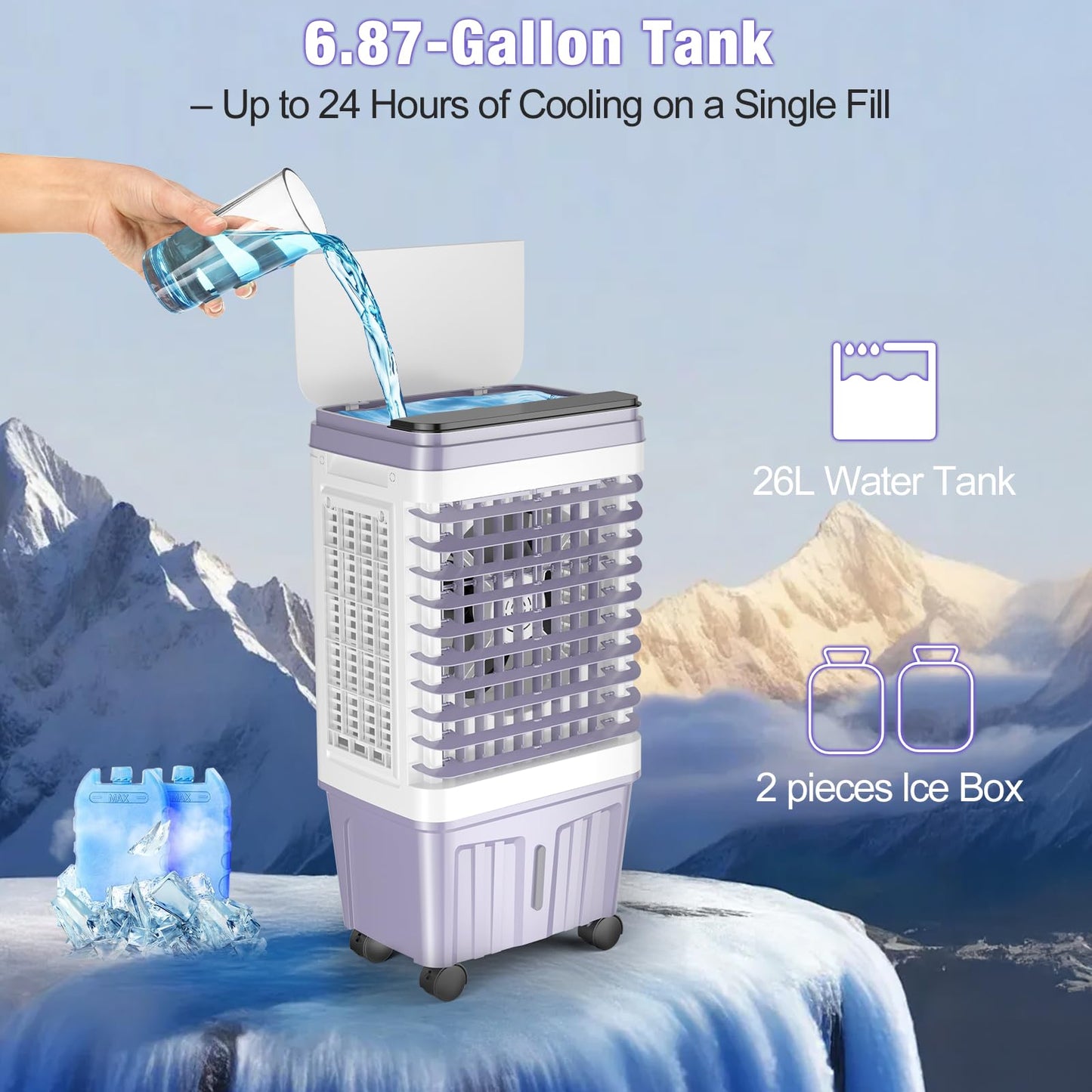 Portable Air Conditioners, 3000 CFM Swamp Cooler, Evaporative Air Cooler with 6.87 Gal Water Tank, 3 Speeds & 4 Modes, 120° Oscillation, 15H Timer Air Cooler for Home, Kitchen, Bedroom