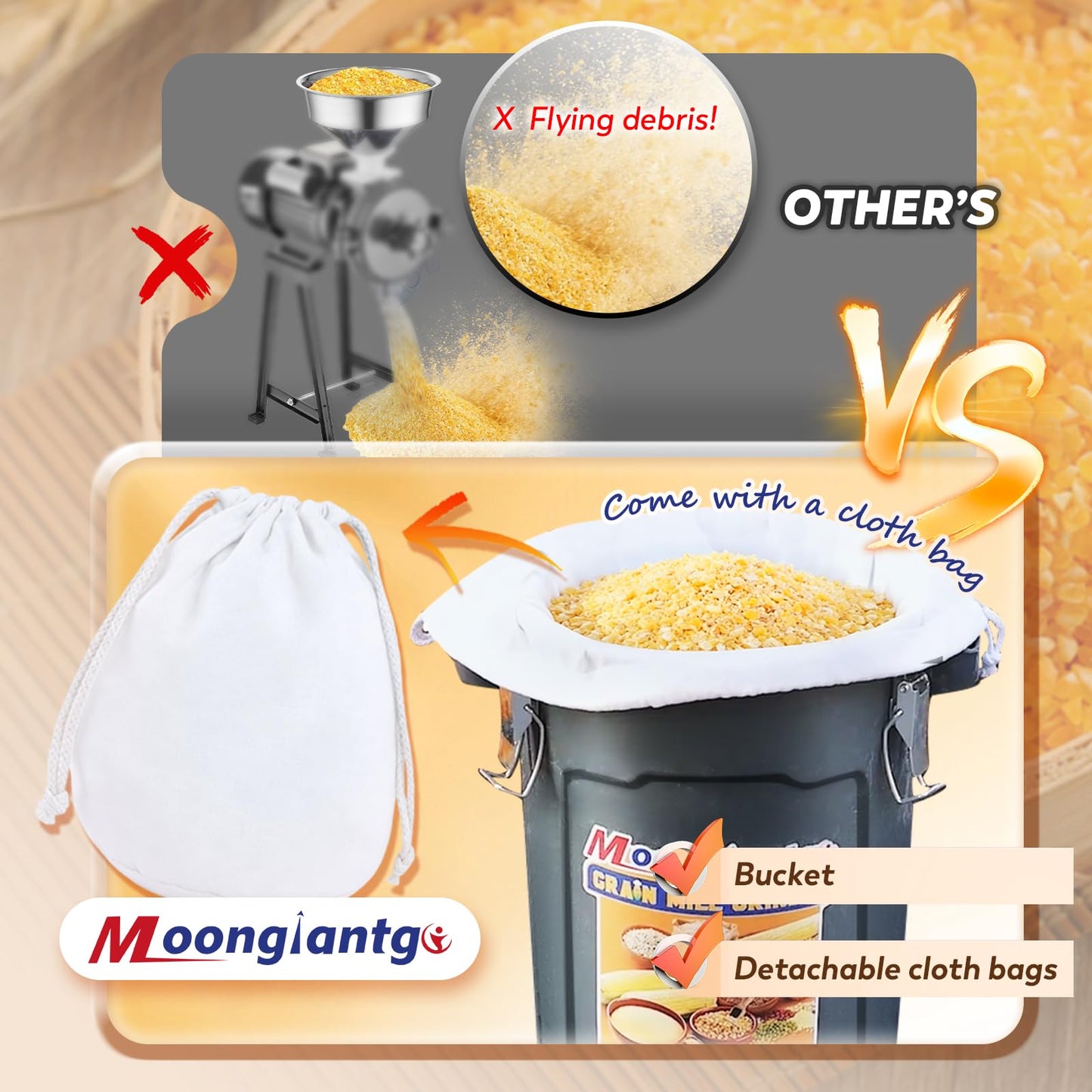 Moongiantgo Grain Mill Grinder Electric Corn Grinder 1300W Feed Mill Dry Cereals Grinder Detachable 6.6 Gal Bucket & Hopper, with 5 Sieves + 1 Socket Wrench, Molino de Maiz, 110V (25L)