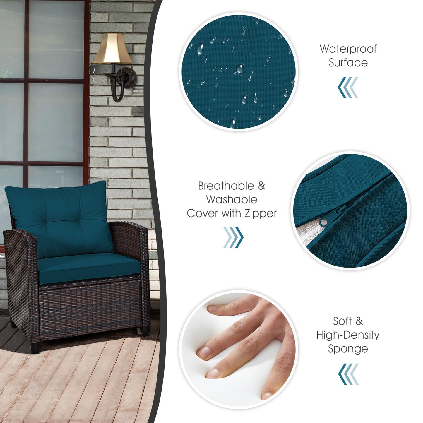 COSTWAY 3PCS Patio Furniture Set, PE Rattan Wicker Sofa w/Washable Cushion and Coffee Table, Tempered Glass Tabletop, Outdoor Conversation Set for Balcony, Porch, Yard, Backyard, Lawn (Blue)