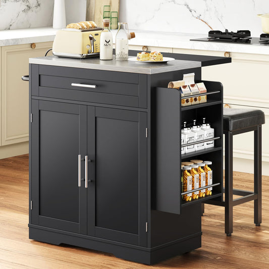 Concho 41'' Rolling Kitchen Island with Seating and Stainless Steel Countertop, Mobile Kitchen Carts with Folding Drop Leaf, Bar Stool, Power Outlet, Spice/Towel Rack, Zest Black