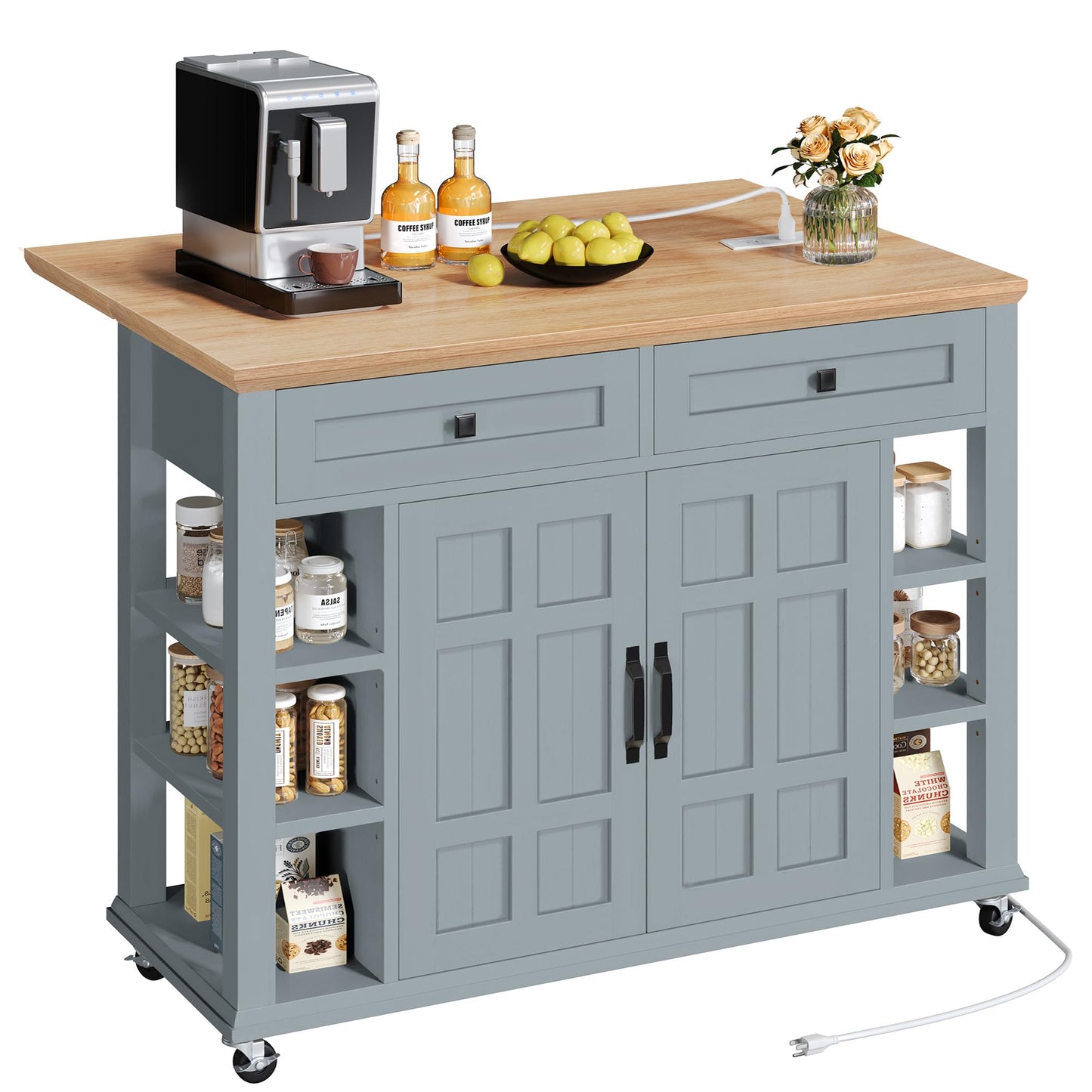 YITAHOME Kitchen Island with Drop Leaf & Power Outlet, Rolling Kitchen Cart on Wheels, Americana Kitchen Island Cabinet with Open Shelves for Kitchen Dining Room, Thicker Rubberwood Top, Grey Blue