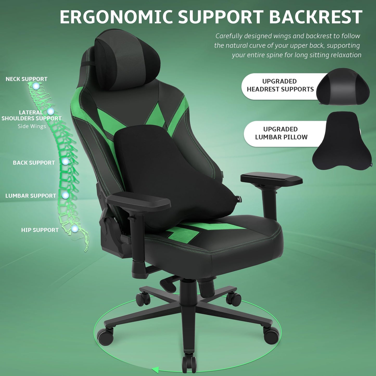 Ergonomic Gaming Chair, Wyrdforging Computer Desk Chairs, 4D Armrests, High Back Office Chair With Headrest & Lumbar Pillow, Tilt Rocker Recliner, Heavy-Duty Base, Black PU Leather & Green Suede Combo