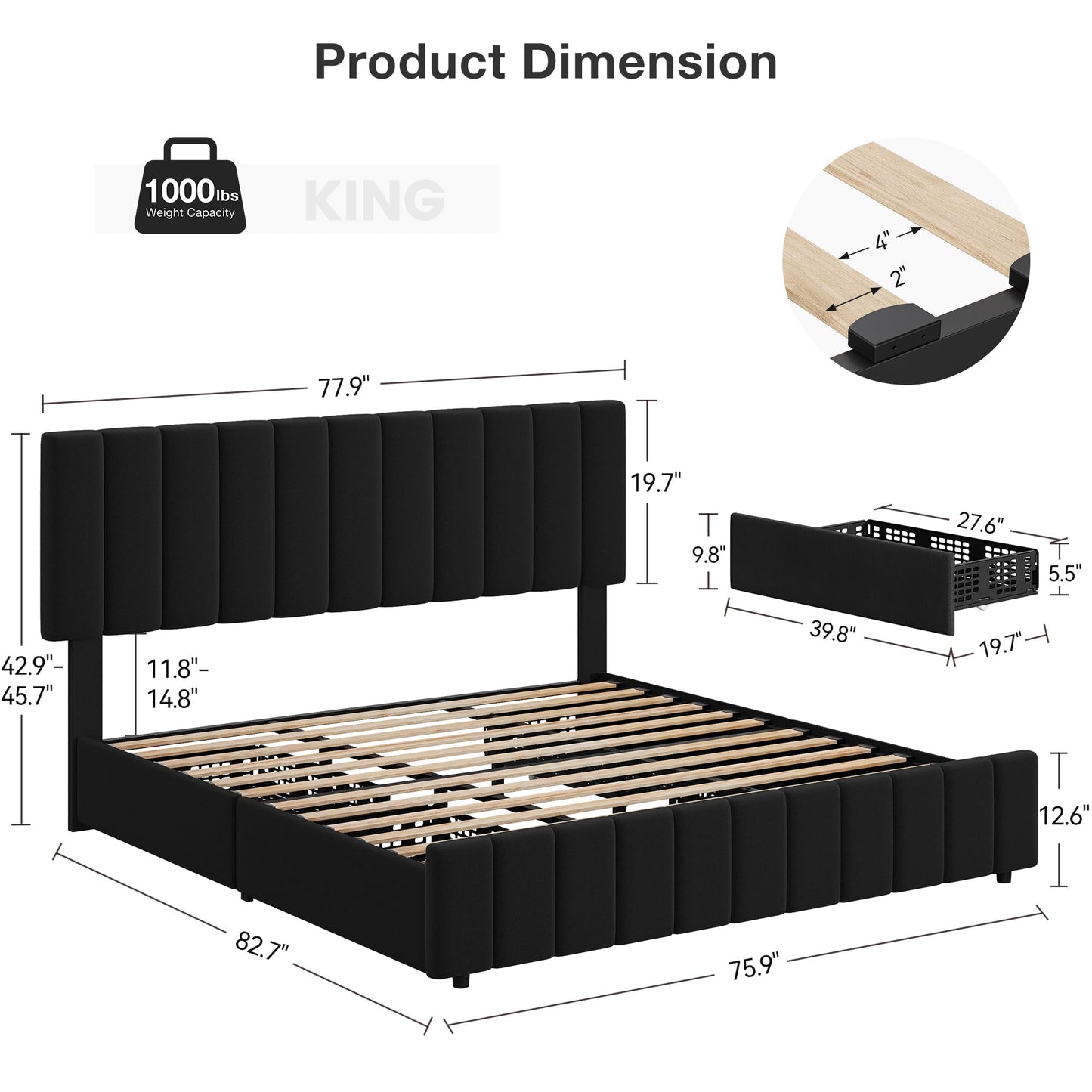 GarveeHome King Size Bed Frame with 4 Storage Drawers, Linen Upholstered Platform Bed Frame, Adjustable Height Headboard, No Box Spring Needed, Easy to Assembly, Black