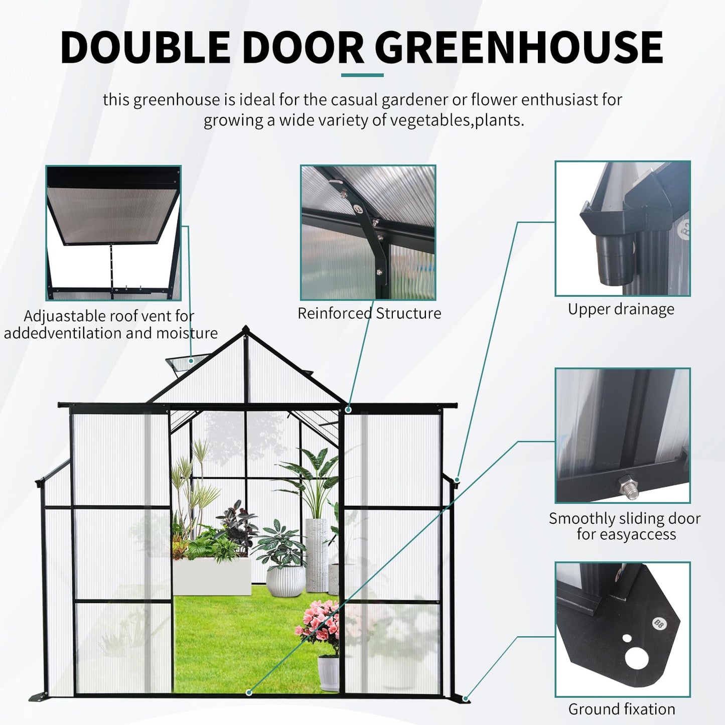 Ball & Cast 8X8 FT Greenhouse for Outdoors,Double Sliding Door Polycarbonate Raised Plant Base with Drainage System & Galvanized Frame,Backyard Anchor Aluminum Heavy Duty Walk-in Green Houses,Black