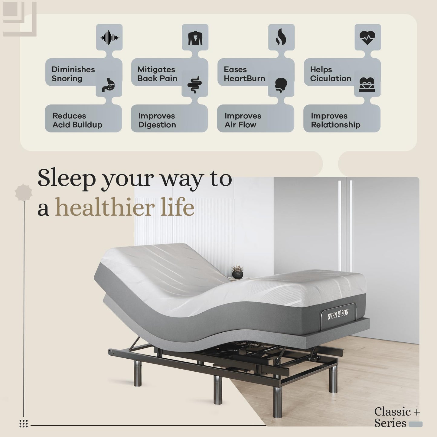 Sven & Son Harmony Adjustable Bed Base, Head and Foot Lift, Massage, Under-Bed Lights, USB, Gel Memory, Zero Gravity Smart Frame - Twin XL + 14 inch Hybrid Spring Matt (Medium Soft)