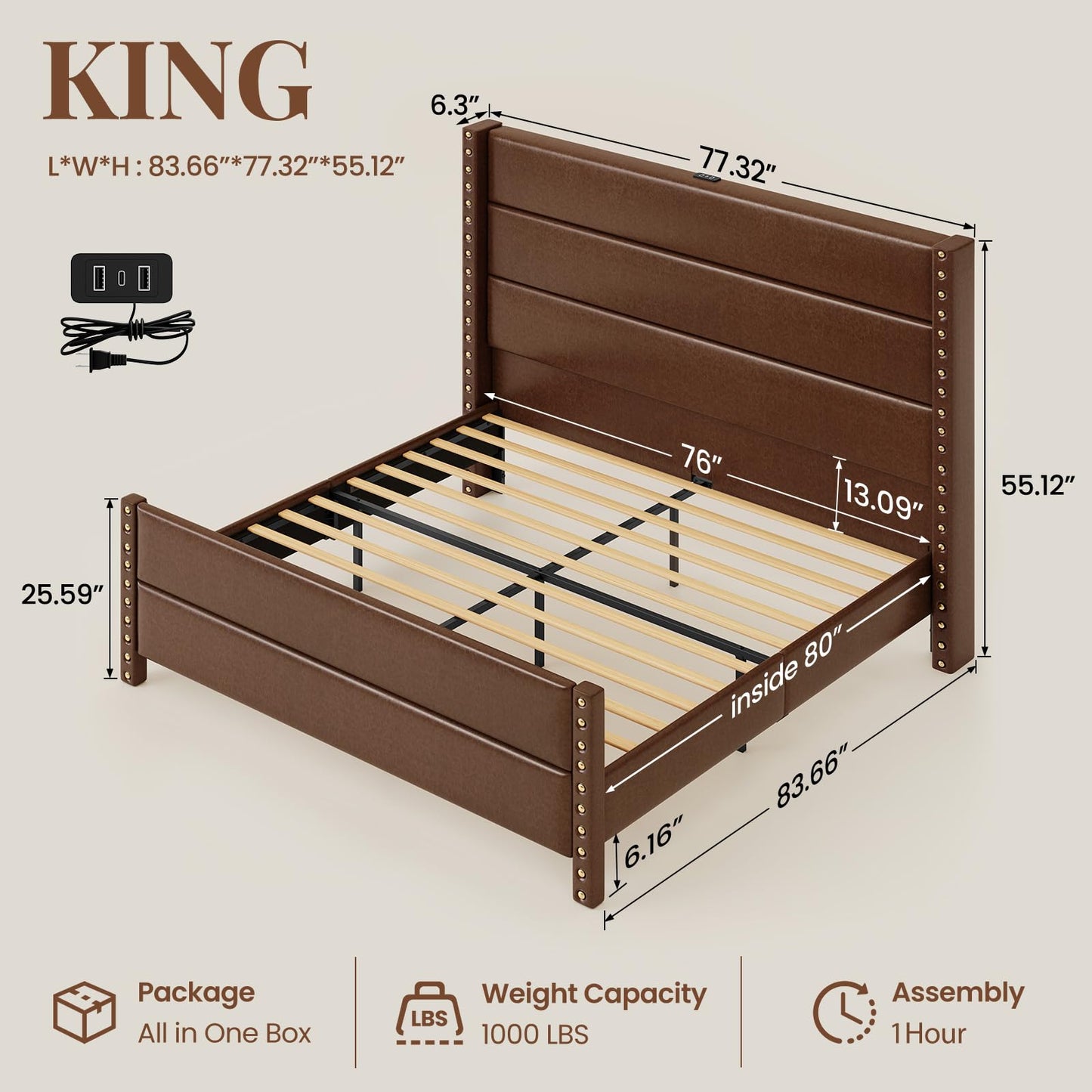 Uteeran King Size Bed Frame with Storage Shelf & Charging Station, 55" Tall Headboard & 25.6" Footboard, Faux Leather Upholstered Platform Bed with Big Rivets Wingback, Heavy Duty & Noise-Free, Brown