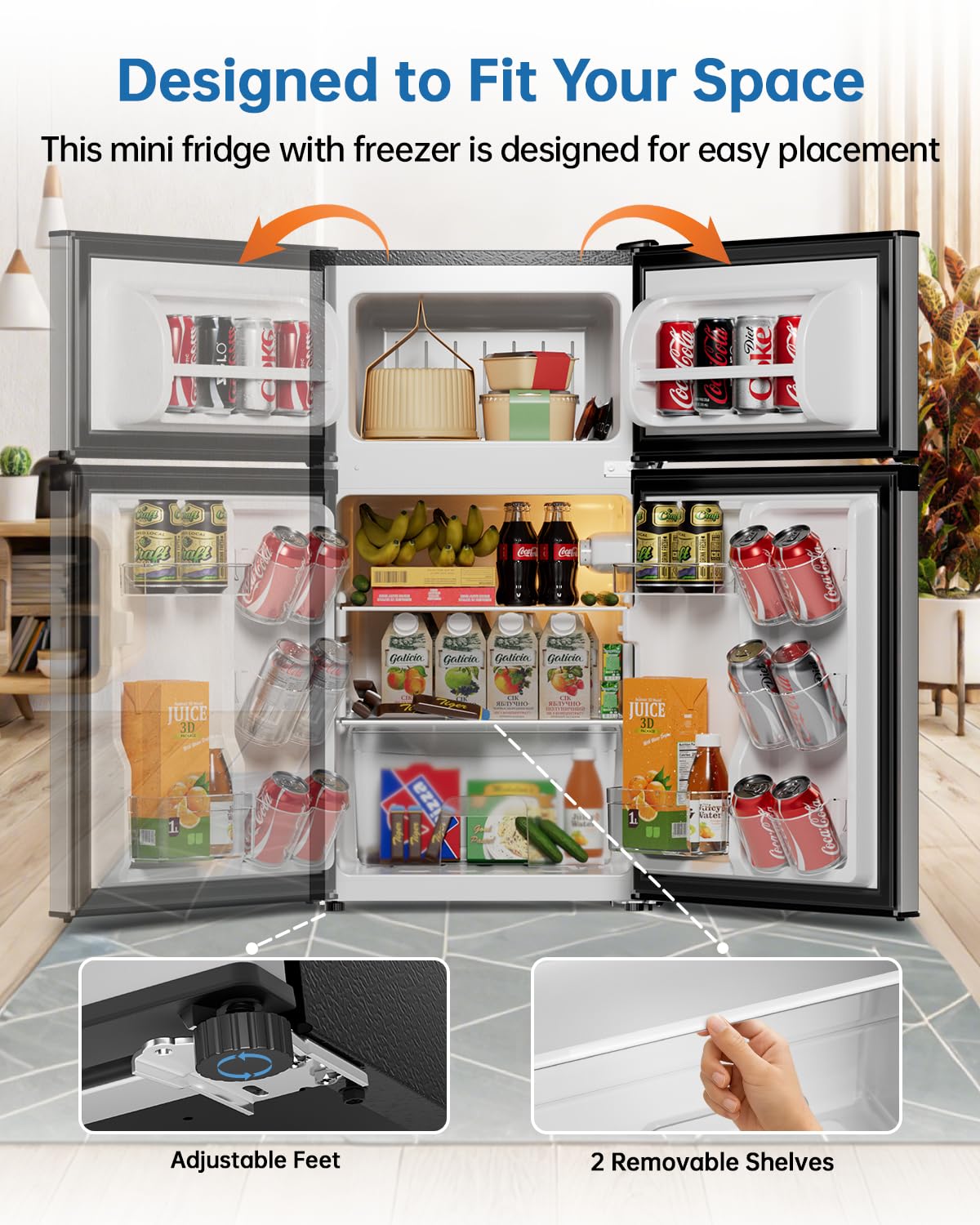 Frostorm 3.2 Cu Ft Mini Fridge with Freezer - Energy Efficient, Double Door Upright Freezer for Bedroom, Office & Dorm | Small Fridge, Glass Shelves,Interior Light,ETL Certified,etc(Silver)