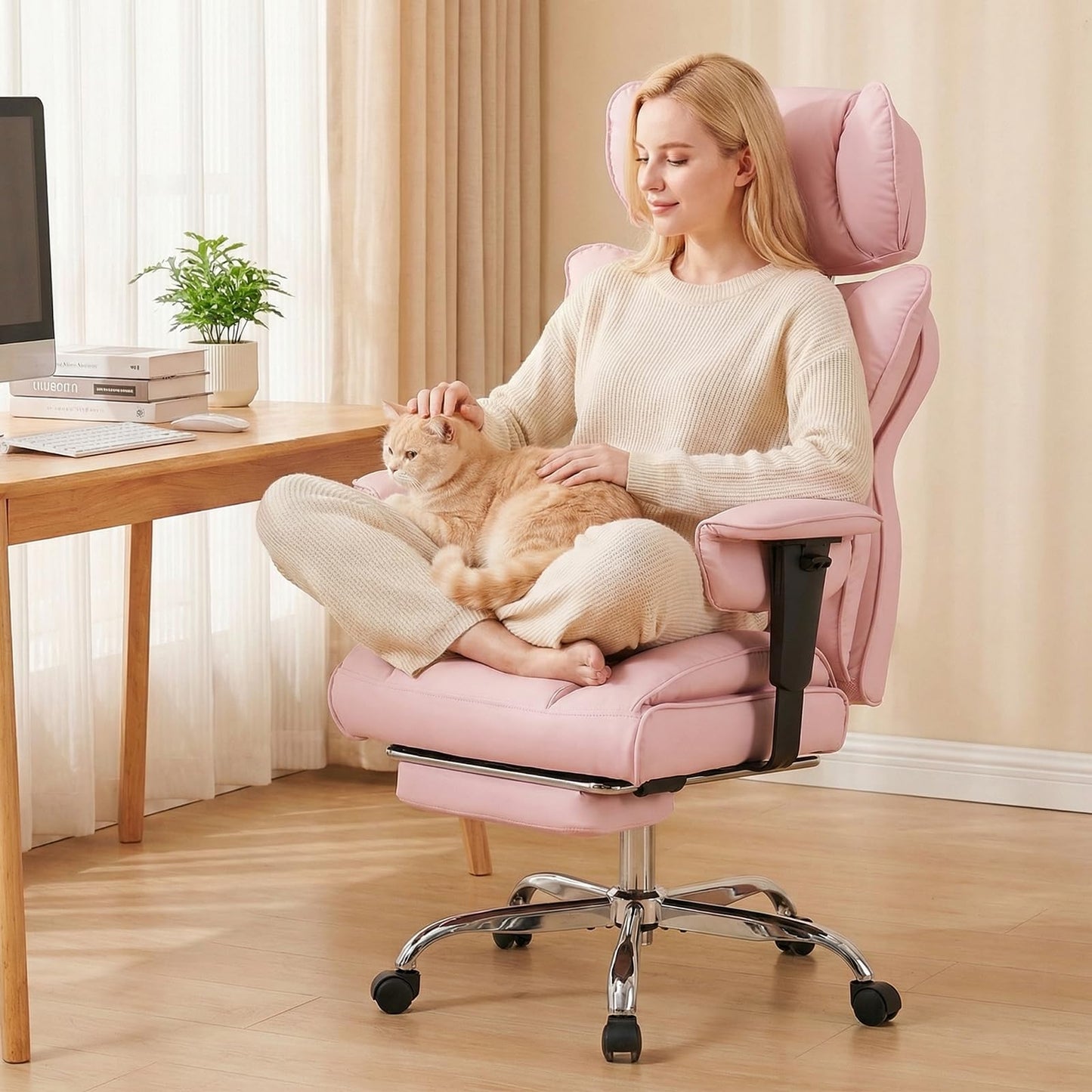 DUMOS Big and Tall Home Office Desk Chair, Gaming Computer Chair, Executive Ergonomic Chair with Footrest, High Back Reclining, Adjustable Armrests and Comfy Lumbar Support, PU Leather, Pink