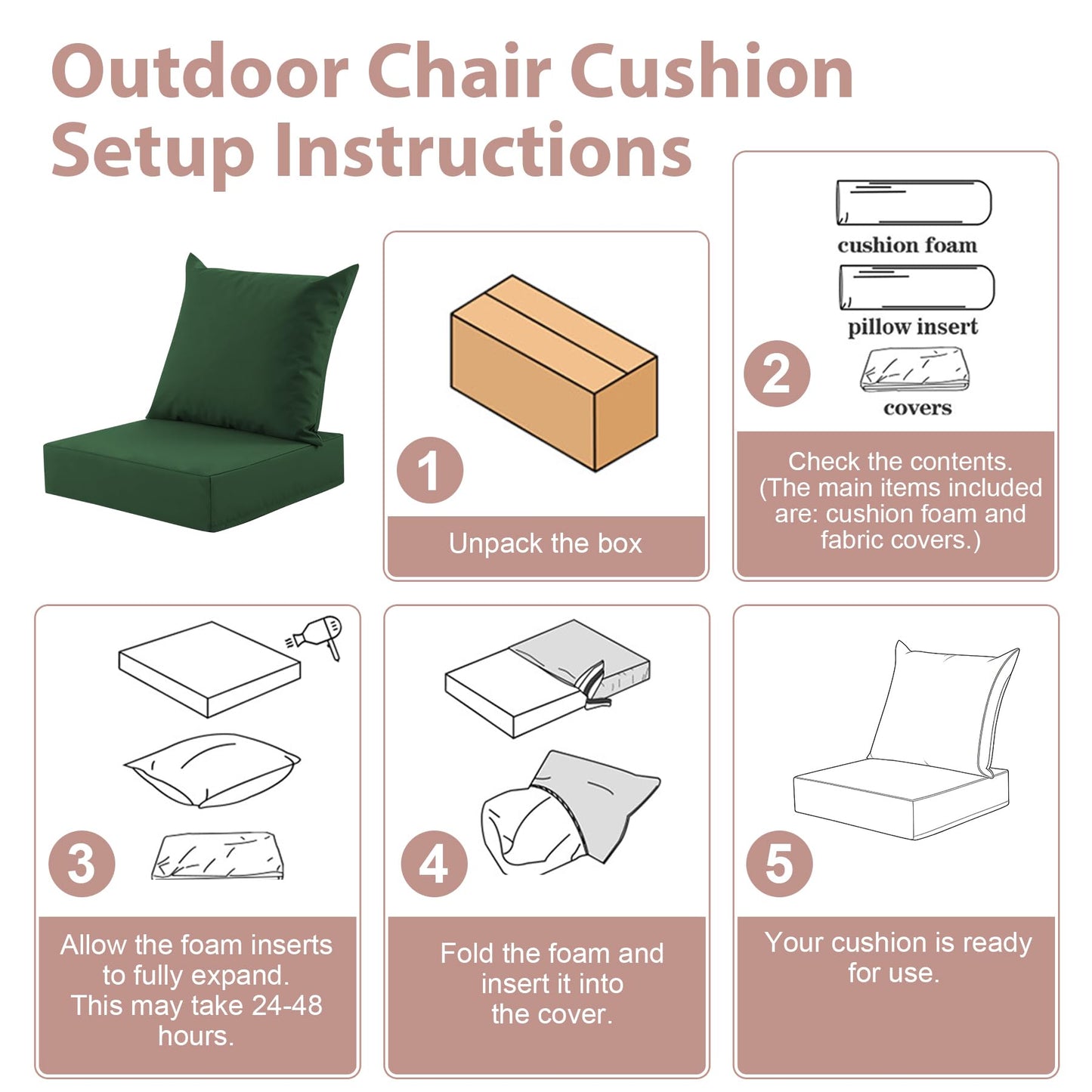 MuaMelop Outdoor Deep Seat Cushion Set, 24x24 Inch Water-Resistant & Fade-Resistant Outdoor Chair Cushions, Patio Furniture Cushions with Removable Cover for Patio Chair, Sofa, Forest Green (Set of 4)