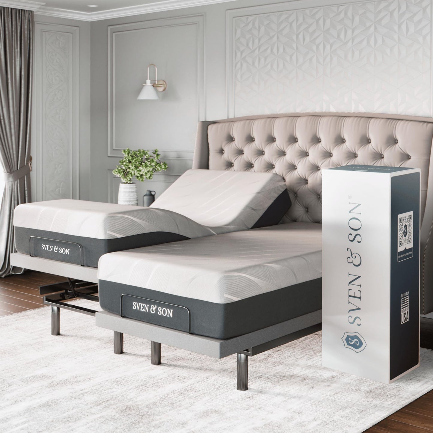 Sven & Son Platinum Adjustable Bed Base Frame + 14 inch Hybrid Spring Matt (Medium Soft), Lumbar Support, Head-Pillow-Tilt, Massage, Under-Bed Lights, USB - Split King