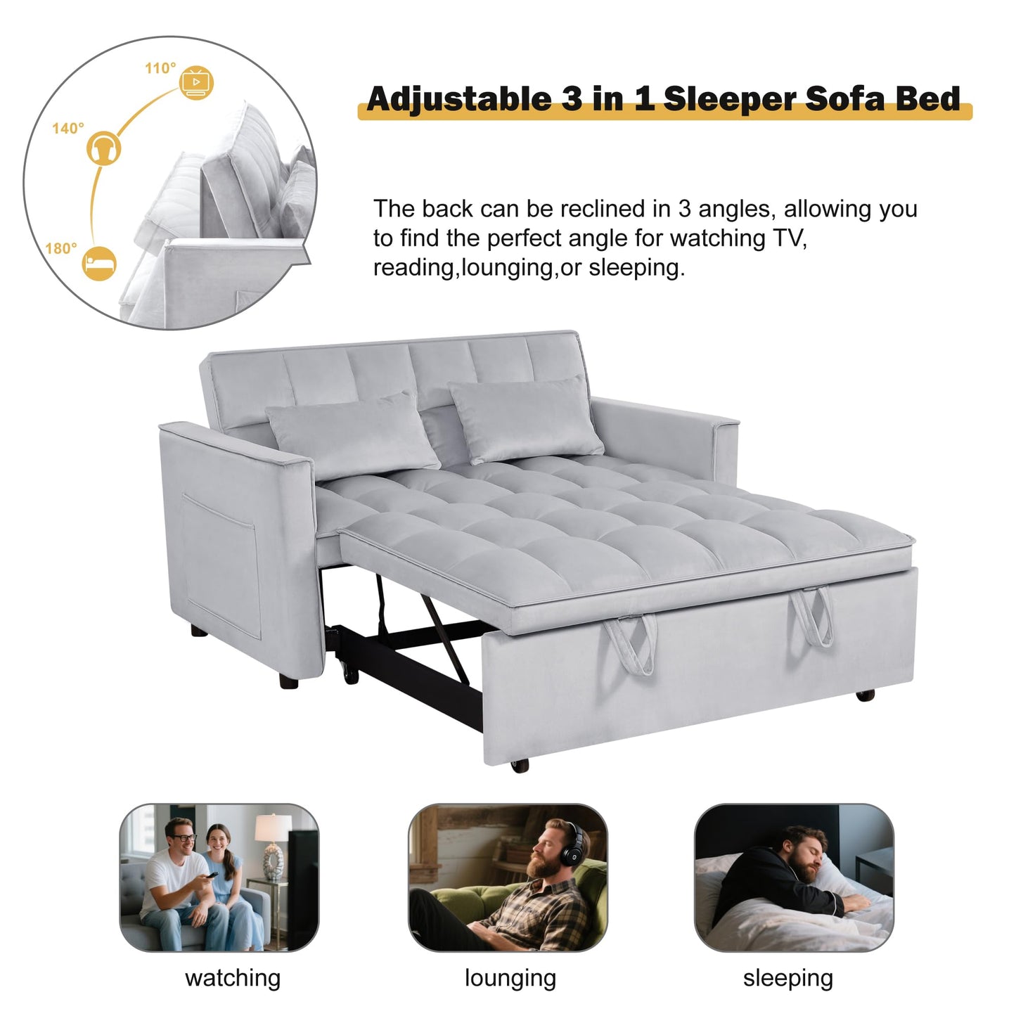 Trygoal 3 in 1 Convertible Sleeper Sofa Bed, Velvet Fabric Loveseat Sofa Bed with Adjustable Backrest & Large Side Pockets, Pull Out Couch for Small Spaces, Apartment, Living Room, Gray