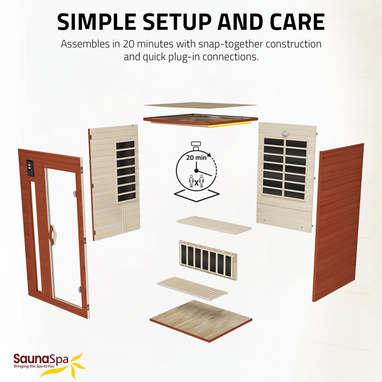 SaunaSpa Indoor 2-Person Infrared Sauna Room | Canadian Hemlock Wood Cabin Sauna with Low EMF Infrared Heating Panels, Bluetooth Audio, Tempered Glass Door, and Backrest with Chromotherapy Lighting