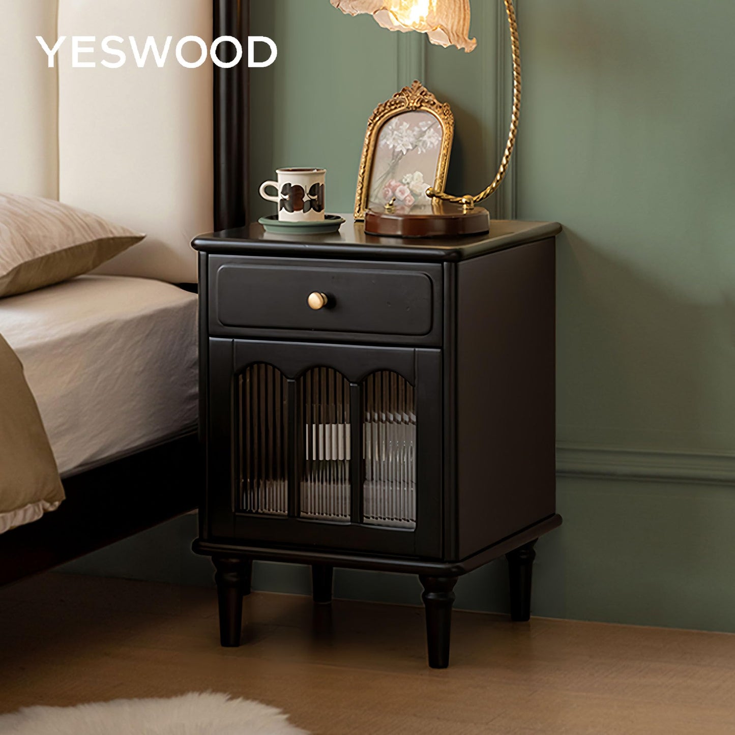 YESWOOD 100% Solid Wood Nightstand with Drawer and Fluted Glass Door – Mid Century Modern Farmhouse Bedside Table, Wooden Storage Cabinet, Black, Right-Opening Door, 15.75" D x 16.54" W x 22.83" H