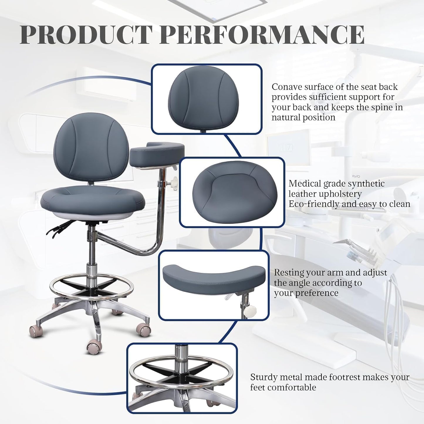 LIMKOMES Medical Dental Assistant Chair with Rotatable Armrest Rolling Medical Chair Ergonomic Swivel Seating Back Support Dentist Stool for Clinics, Dental Offices, Labs-Gray