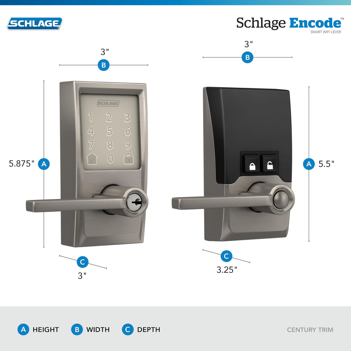 Schlage Encode Smart Wi-Fi Lock with Lever Handle, Touchscreen Keypad, Keyless Entry Door Lock, App Control, Alexa, Google Home and Airbnb Compatible, Satin Nickel, FE789WB CEN 619 LAT