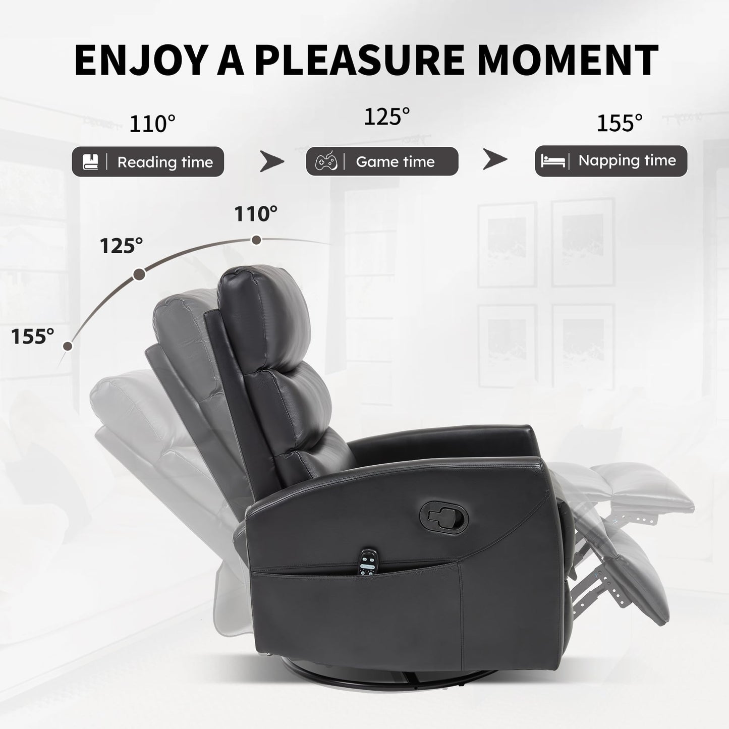 KEIKI 4-in-1 Manual Swivel Rocker Recliner Chair for Home Living Room, Faux Leather Chair with Back Massager & Heat, Home Theater Seating with Lumbar Support, Portable Chairs for Adults, Black