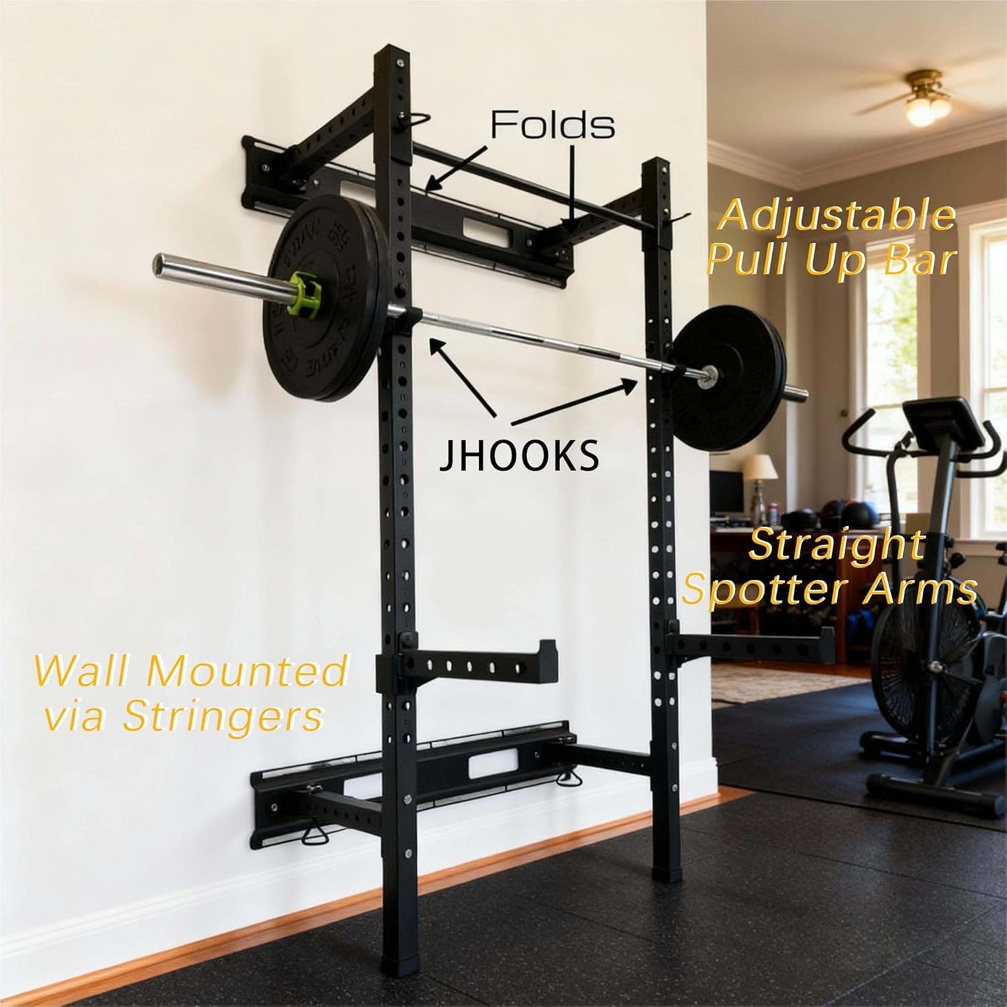 Fitvids Steel Folding Wall Mounted Power Rack Cage with Attachment Accessories - J Hooks and Height Adjustable Pull Up Bar