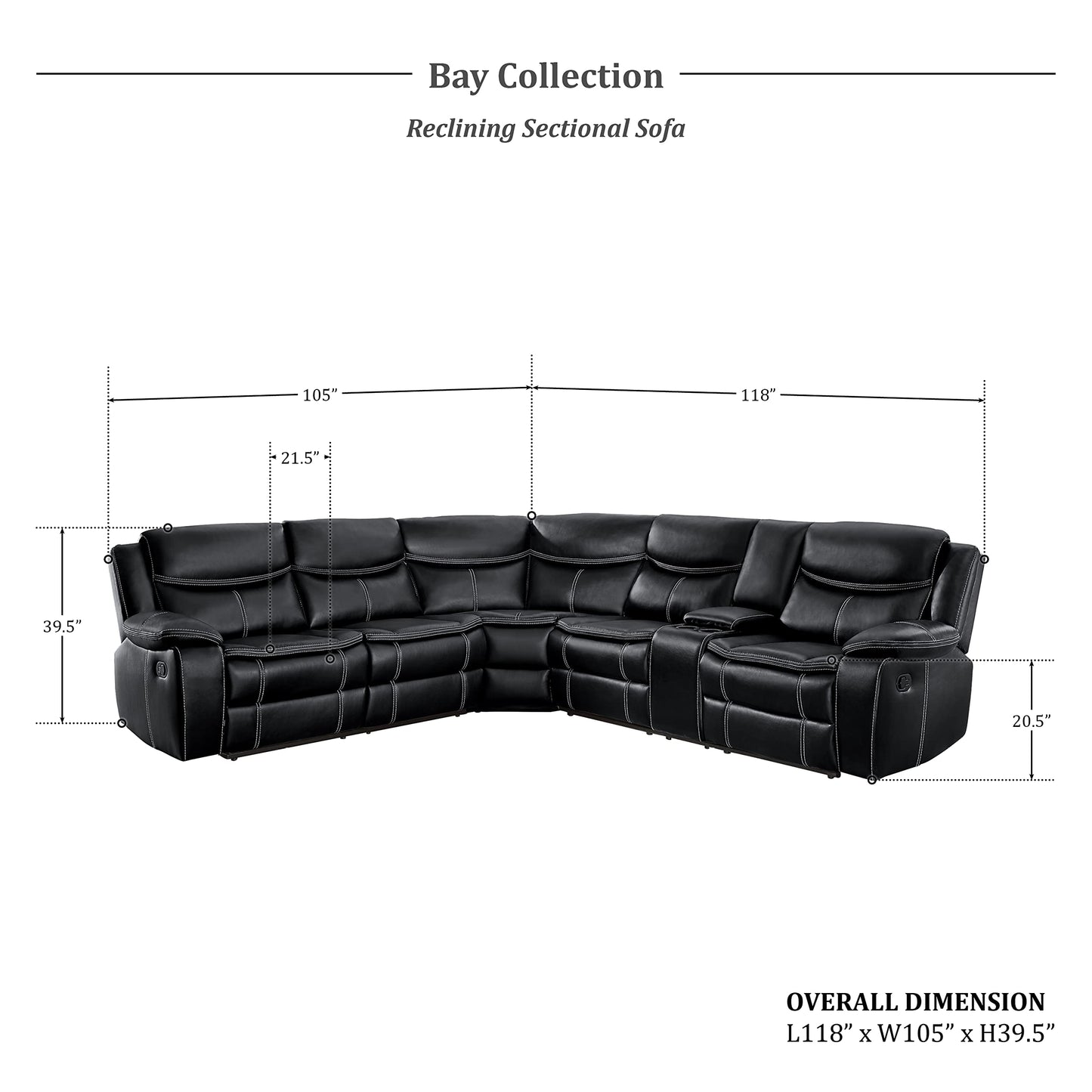 Lexicon Bay 3-Piece Manual Reclining Sectional Sofa, Black