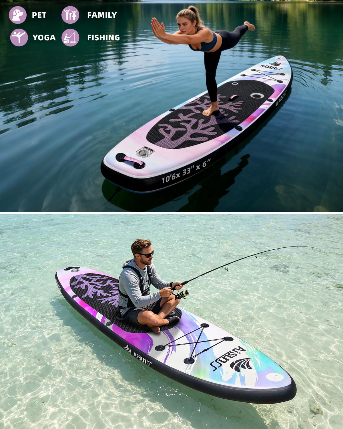 AISUNSS Inflatable Paddle Board for Adult, Paddle Board for All Skill Levels, Wide SUP Board with Primium Accessories Include SUP Carry Bag, Hand Pump, 10L Waterproof Bag