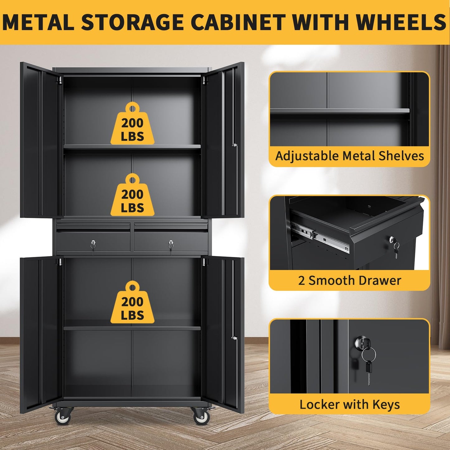 MegaChoice 73in Metal Garage Storage Cabinet with Wheels, Locking Doors, 2 Deep Drawers & 2 Adjustable Shelves, Rolling Garage Tool Organizer & Steel Cabinet for Workshop, Office, Home Organization