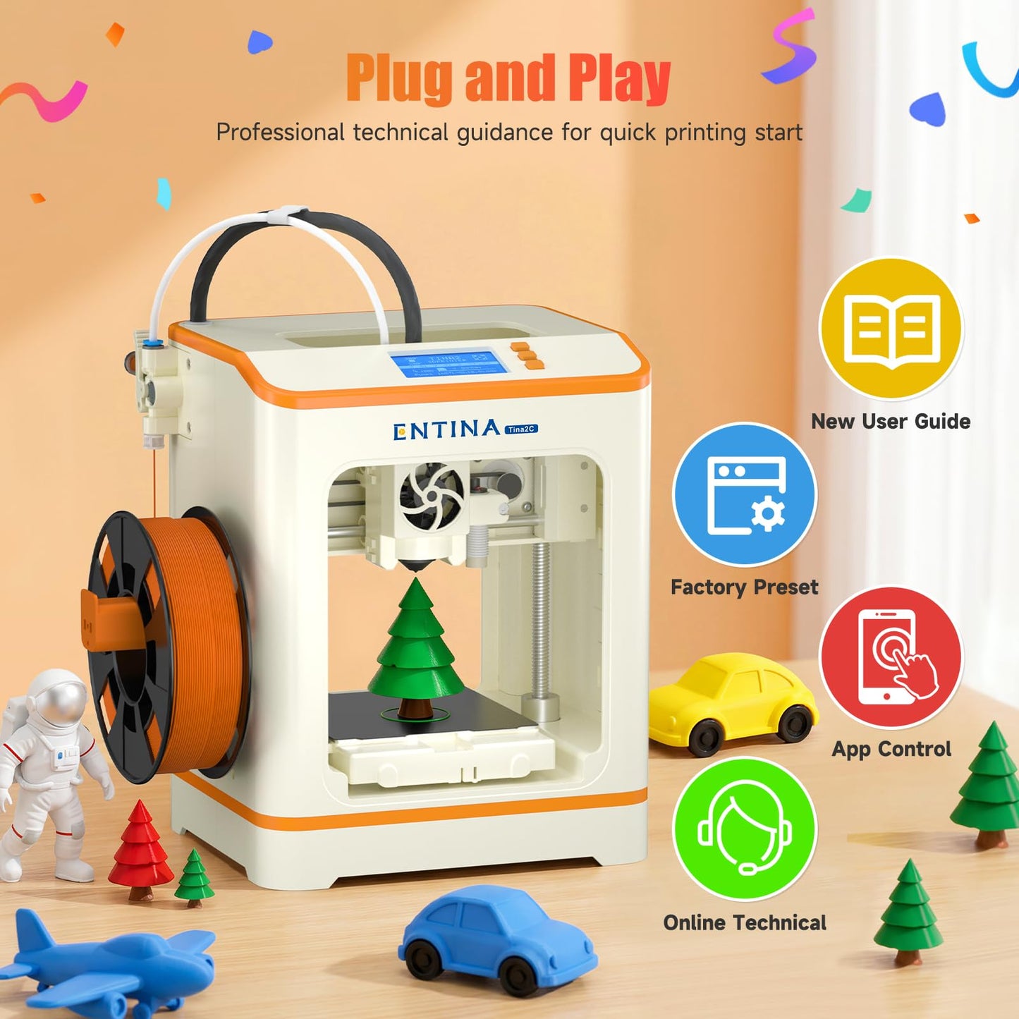Entina Tina2C Mini 3D Printer for Kids & Beginners – Fully Assembled, Ready in 8 Minutes, App & WiFi Control, 3000+ Models, 20+ DIY Modules, Auto Leveling, High Precision for Home & STEM Learning