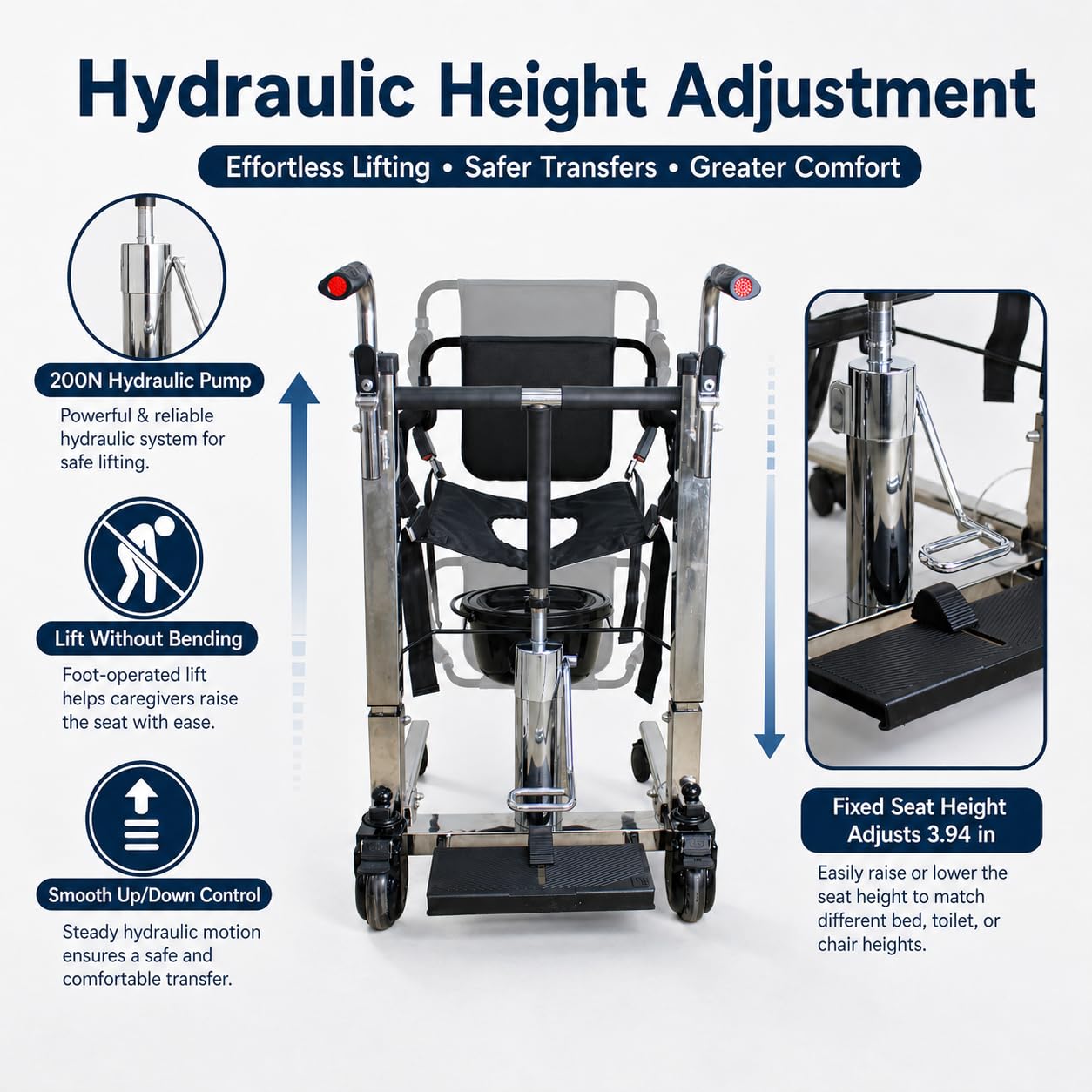 Patient Lifts for Home Use. Patient Lift Transfer Chair. 4-in-1 Transfer Chair & Commode Chair. Hydraulic Lift Chair for Elderly. Chair Lift for Bed to Toilet. Steel Frame. Dual Handle