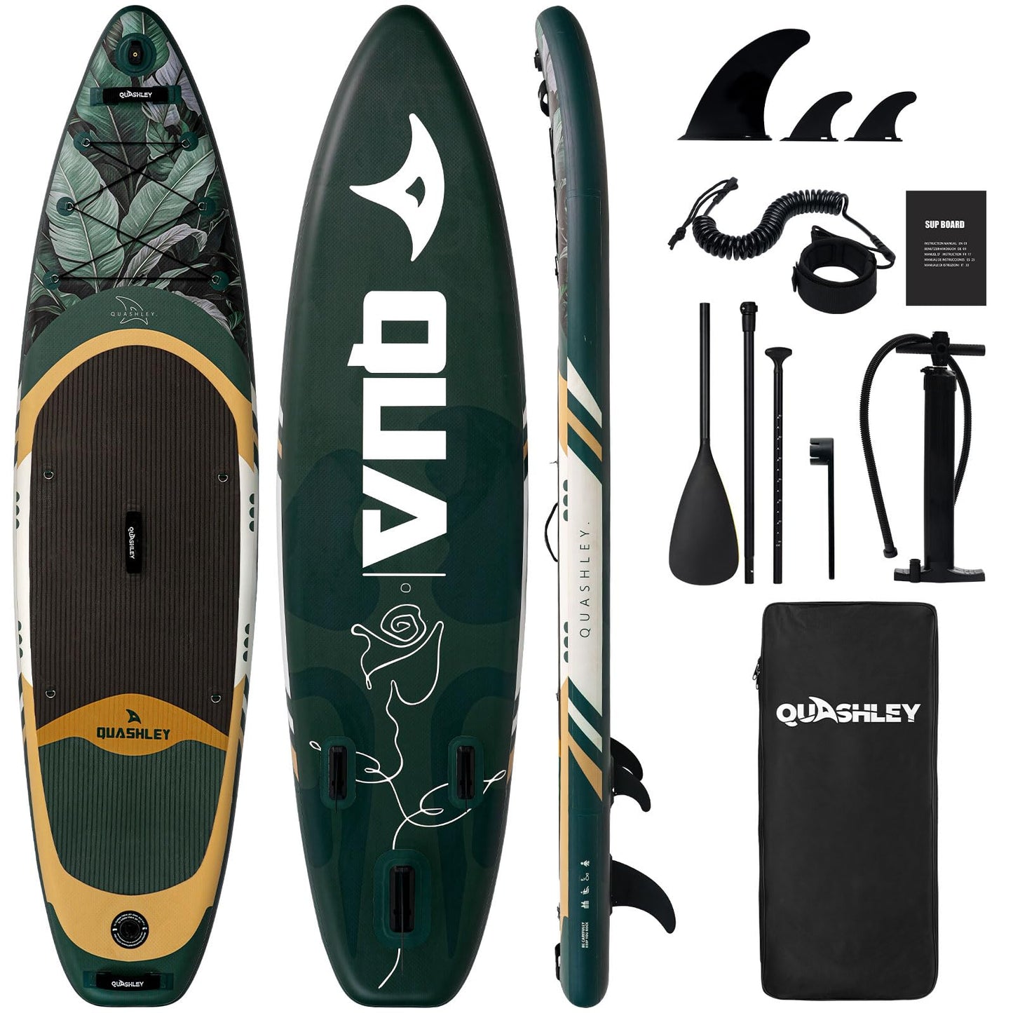 Quashley Inflatable Paddle Board 10.5'*32" Stand Up Paddleboards Inflatable with Premium SUP Accessories,Durable Material and Non-Slip Deck,Removable Paddle Fins Green