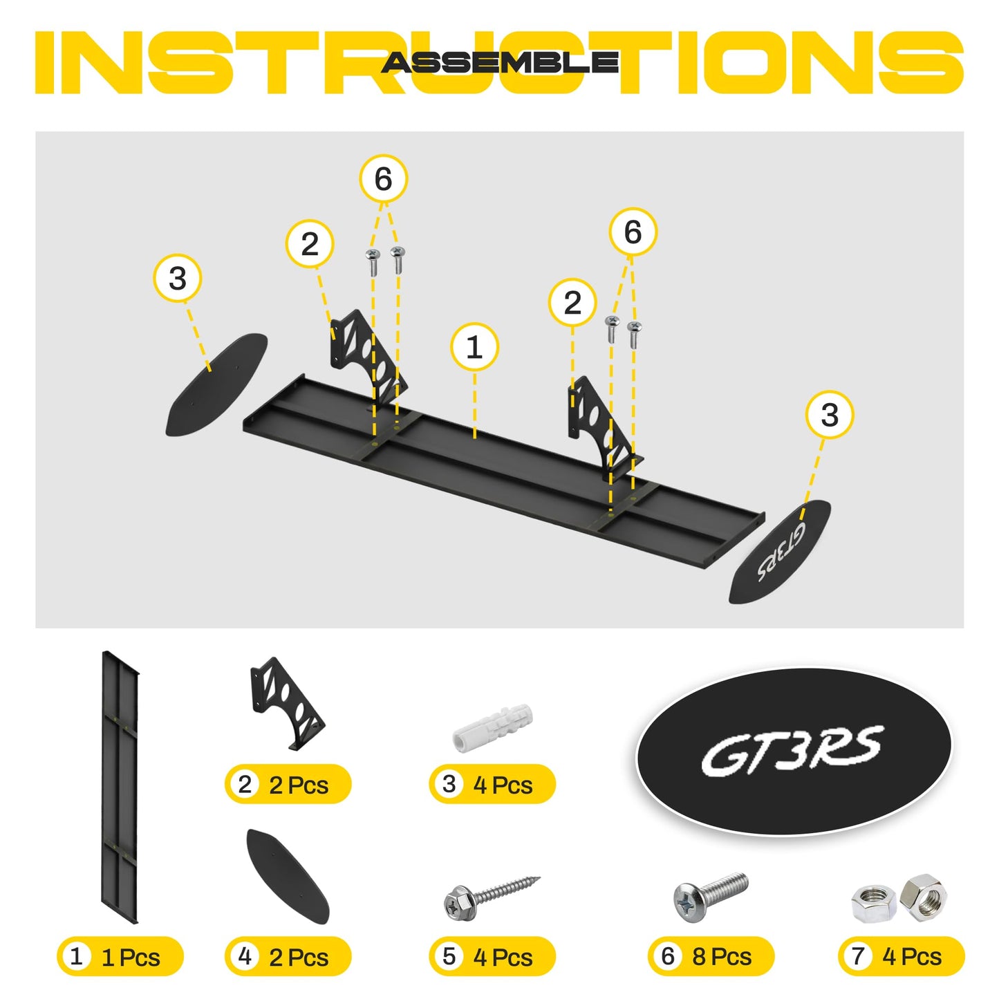 GT3RS Wall Mounted Shelf – Garage Shelving & Man Cave Decor for Car Enthusiasts, Display Shelf for Game Room Decor (White on Black)