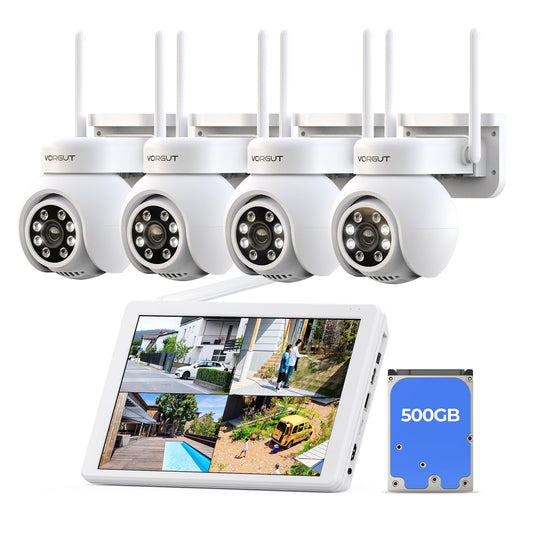 VORGUT Wireless Security Camera System, 4PCS 3MP PTZ Outdoor Camera for Home Surveillance, 10CH 10 inch LCD Monitor NVR with 500G HDD, Auto Tracking,Human Detection,Color Night Vision,No Monthly Fee