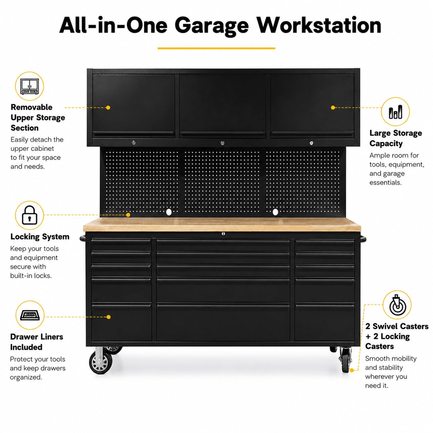 CHETTO C 72 inch Tool Chest Tool Box Mobile 15 Drawers Storage 3 Upper Cabinets SS-Pegboard Rolling Cabinet with Wheels Lock Key Locking System Drawer Liners for Garage Warehouse Repair Shop Black