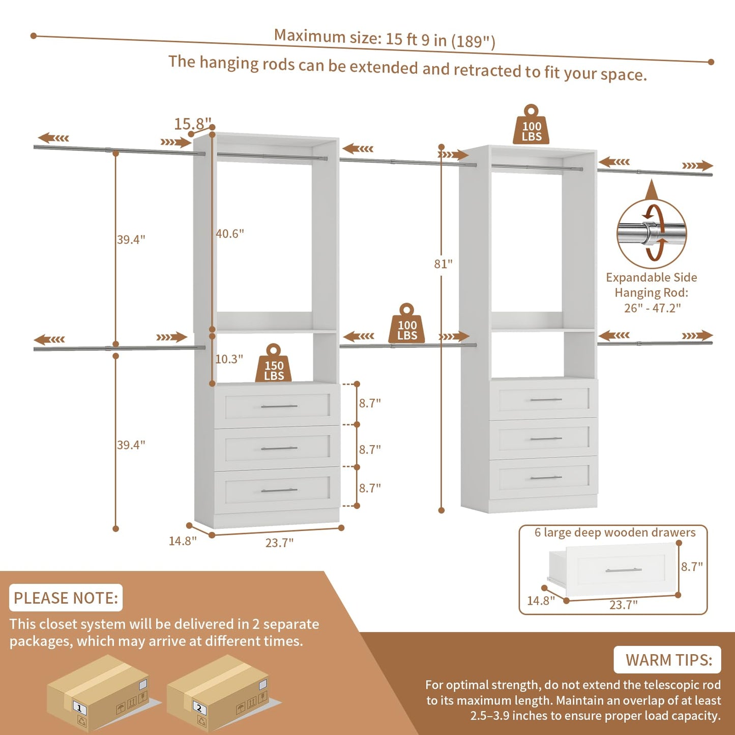Closet System with 6 Drawers, 4FT-15FT 2-Piece Closet System, Walk in Closet Organizer System, Modular Closet System with 10 Adjustable Hanging Rods & Shelves, Closet Storage System for Bedroom, White