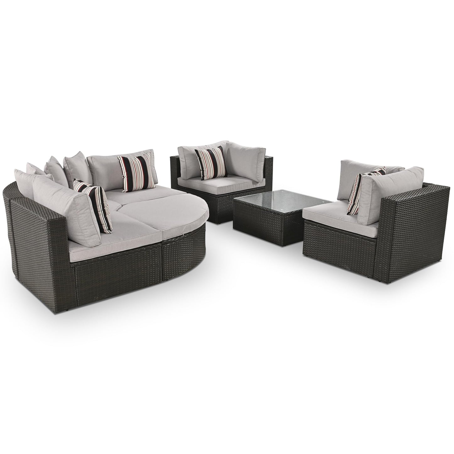 7 Piece Outdoor Wicker Patio Furniture Set, Modular Rattan Sectional Conversation Sofa with Glass Coffee Table, Cushions & Pillows, All Weather Garden Seating for Patio, Deck, Backyard, Brown
