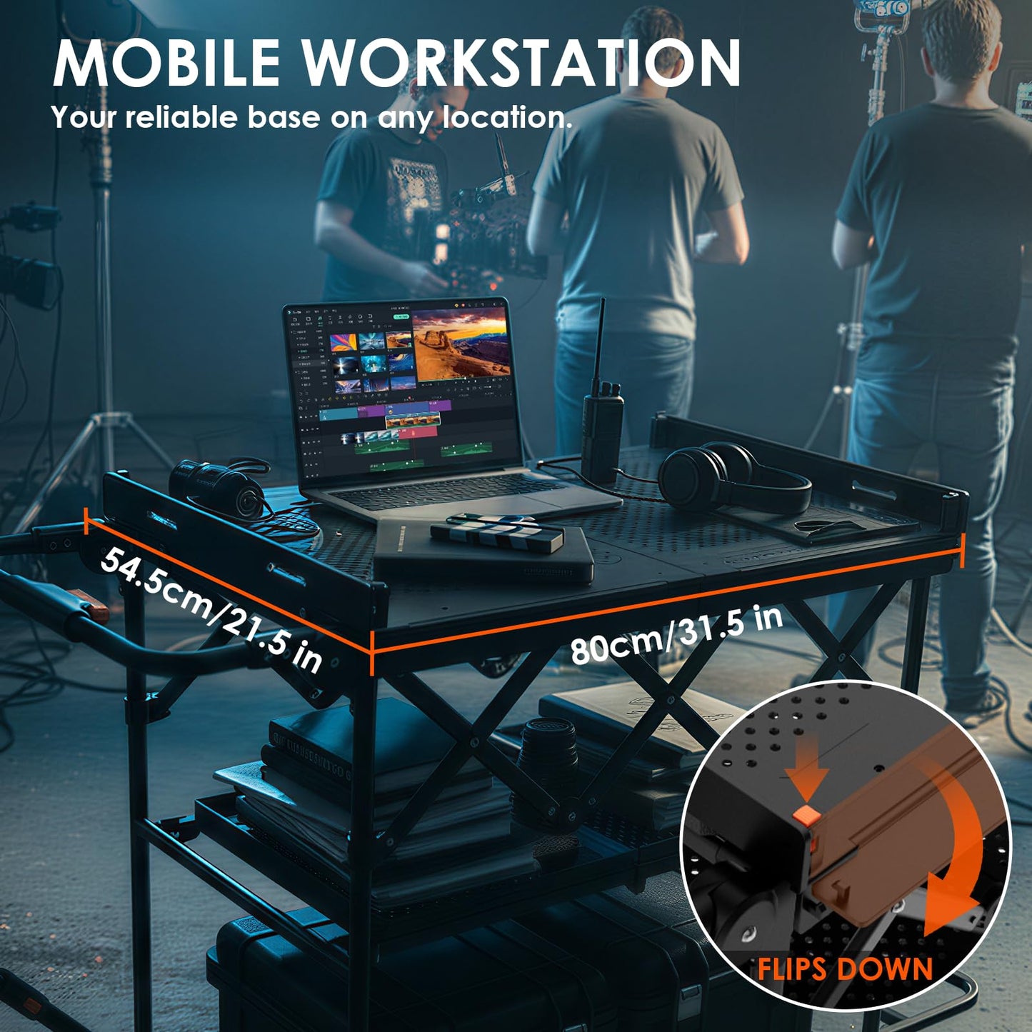 TARION Video Production Camera Cart - Foldable Photography Dolly with Inflatable Rubber Wheels and Wider Top Shelf - Heavy Duty Mobile Workstation with Storage Bins for Film Crew - Titanrig Cart Pro