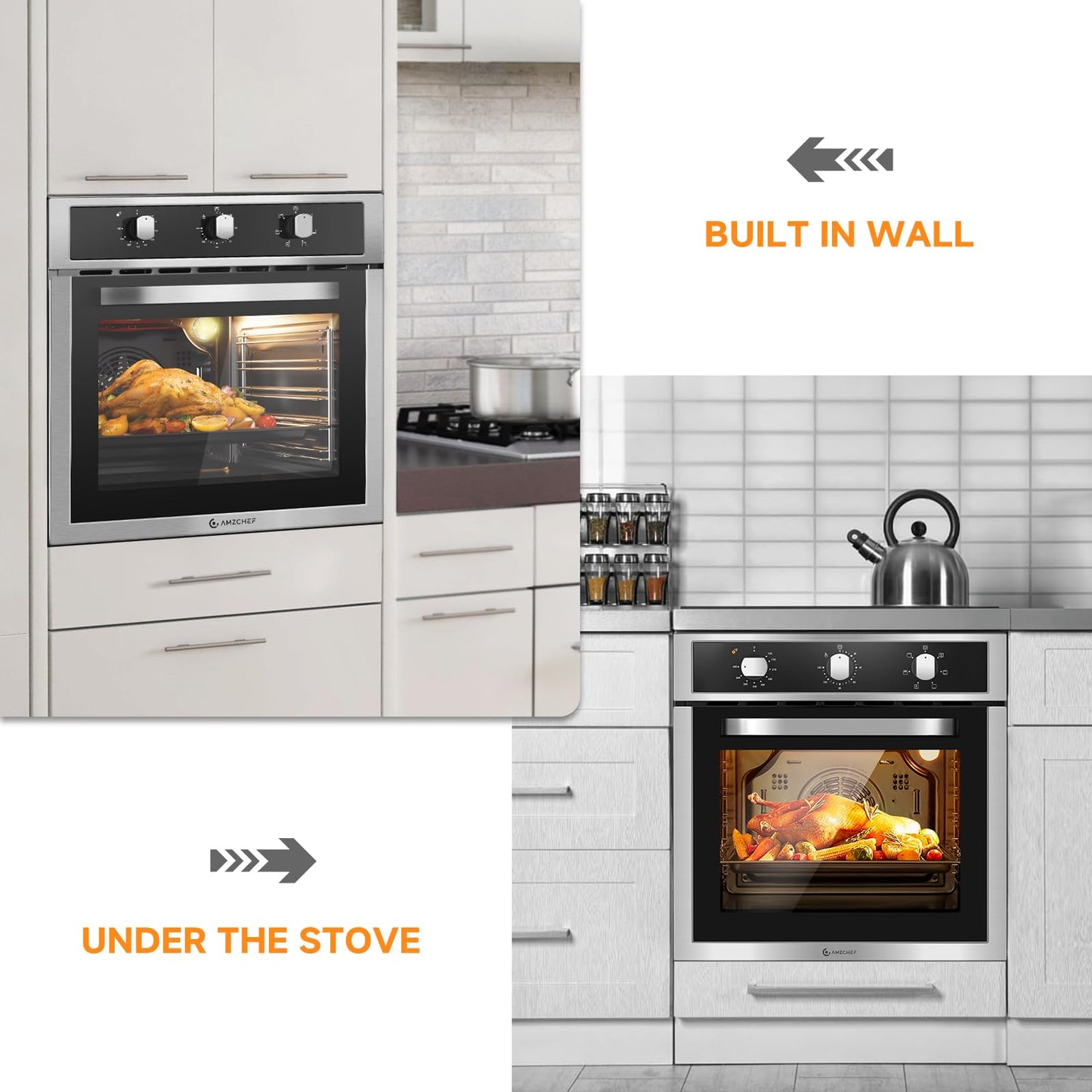 24" Single Wall Oven for Kitchen: 2200W Built-in Electric Wall Oven with Mechanical Knobs Control, 2.5 Cu.ft. Stainless Steel Wall Oven with 6 Cooking Modes, Convection Oven, Timer