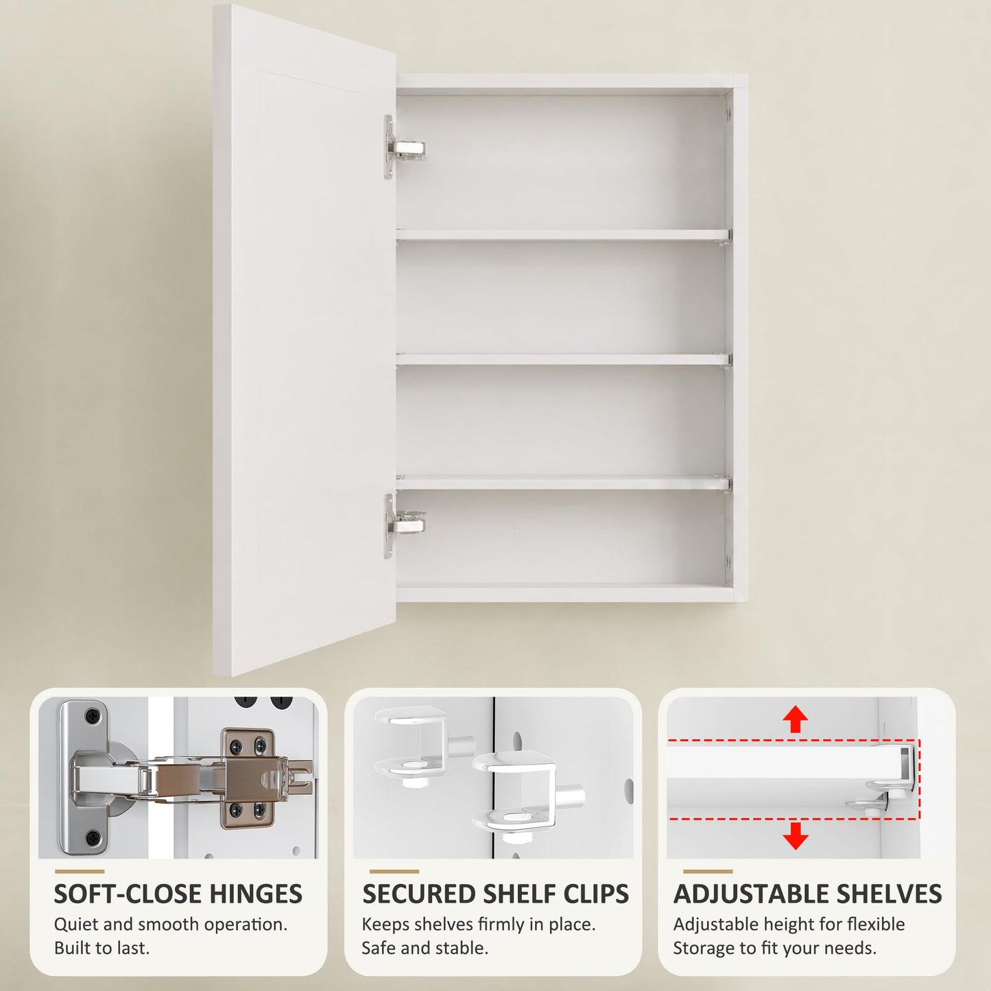 Buruis 20 x 28 Inch Wood Medicine Cabinet with Mirror, Recessed or Wall-Mounted Bathroom Storage Organizer, Adjustable Shelves & Soft-Close Hinges, Fully Assembled, White