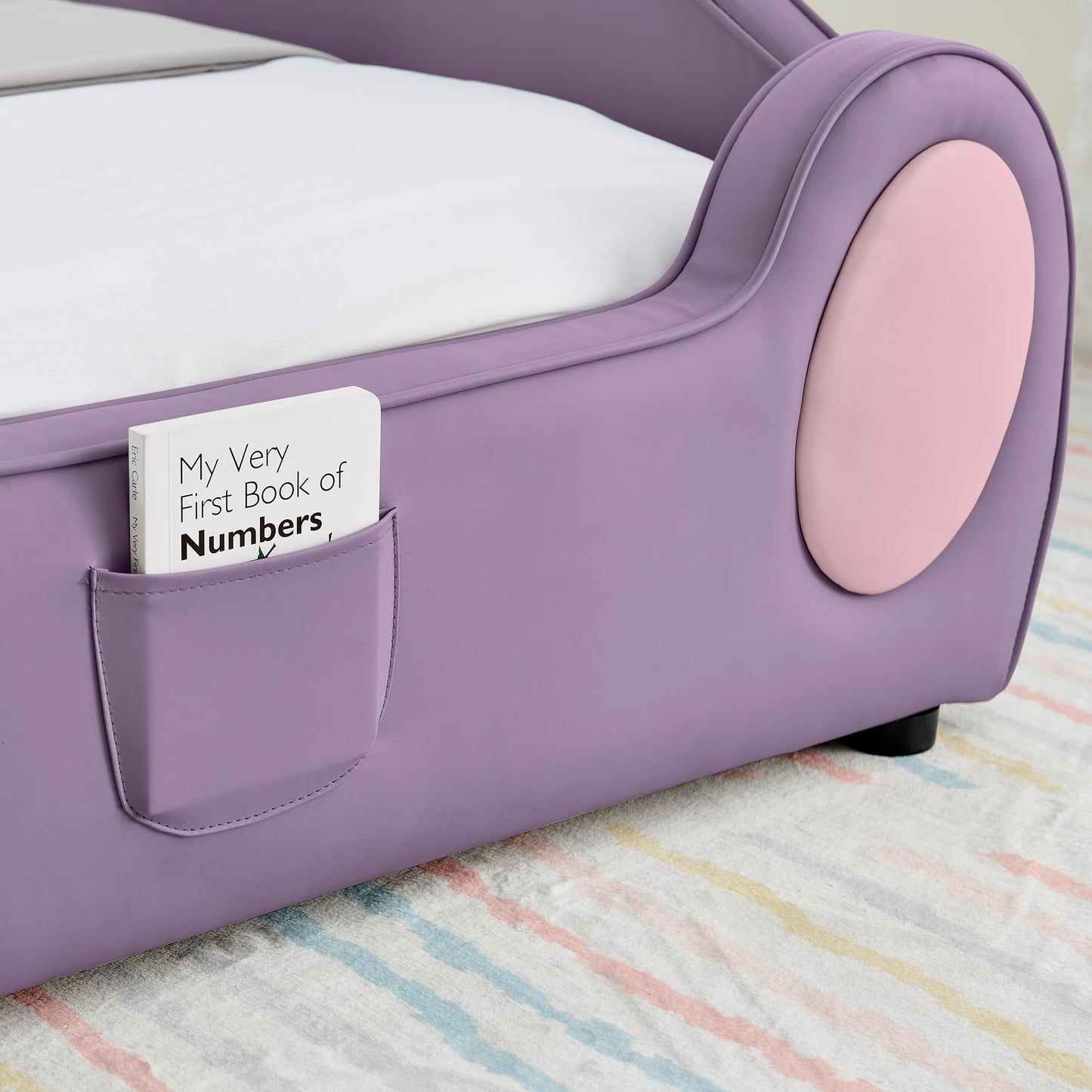 KEIKI Twin Size Upholstered Platform Bed Frame with Cute Cloud-Shaped Headboard & Pocket, for Boys and Girls, PU Leather Bed with High Guardrail & Slats, No Box Spring Required, Easy Assembly, Pink