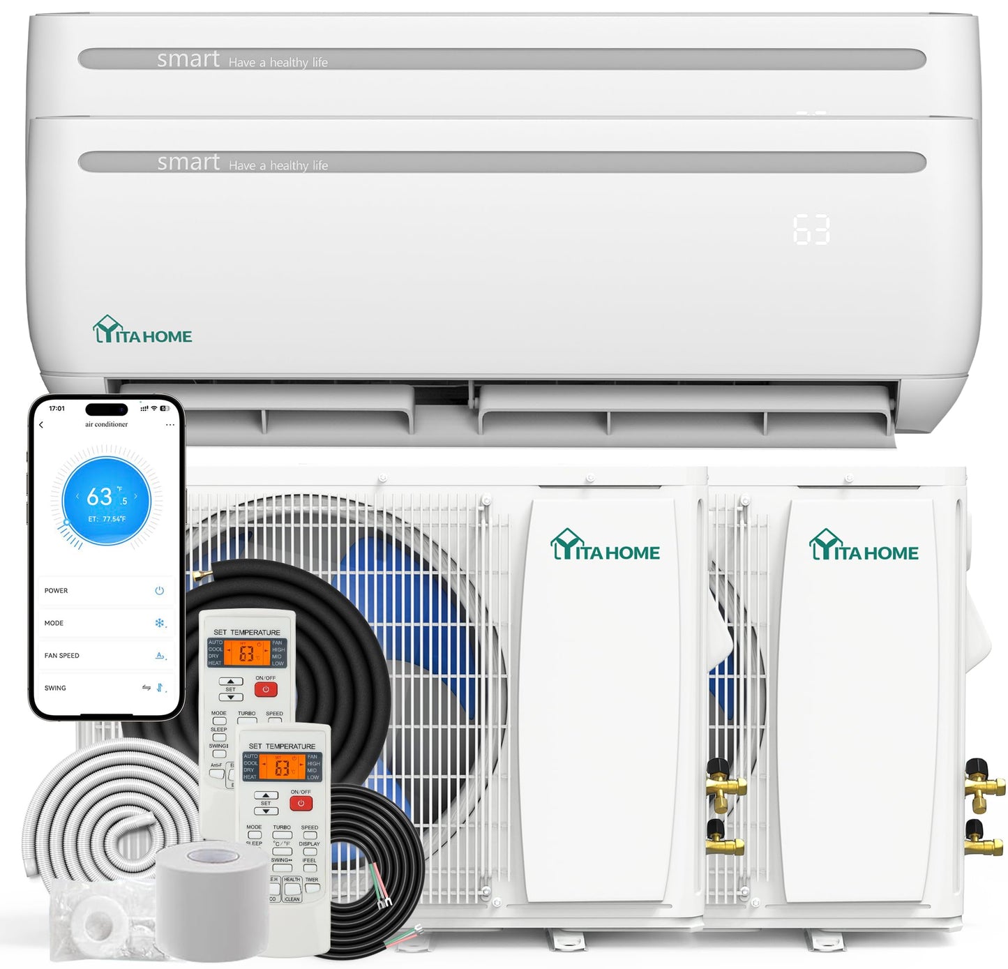 YITAHOME 2 Zone 24000 BTU Mini Split AC/Heating System, 20 SEER2 12000 + 12000 BTU WiFi Enabled 115V Dual Zone Ductless Air Conditioner with 2 Outdoor Units, Enable Different Modes Simultaneously