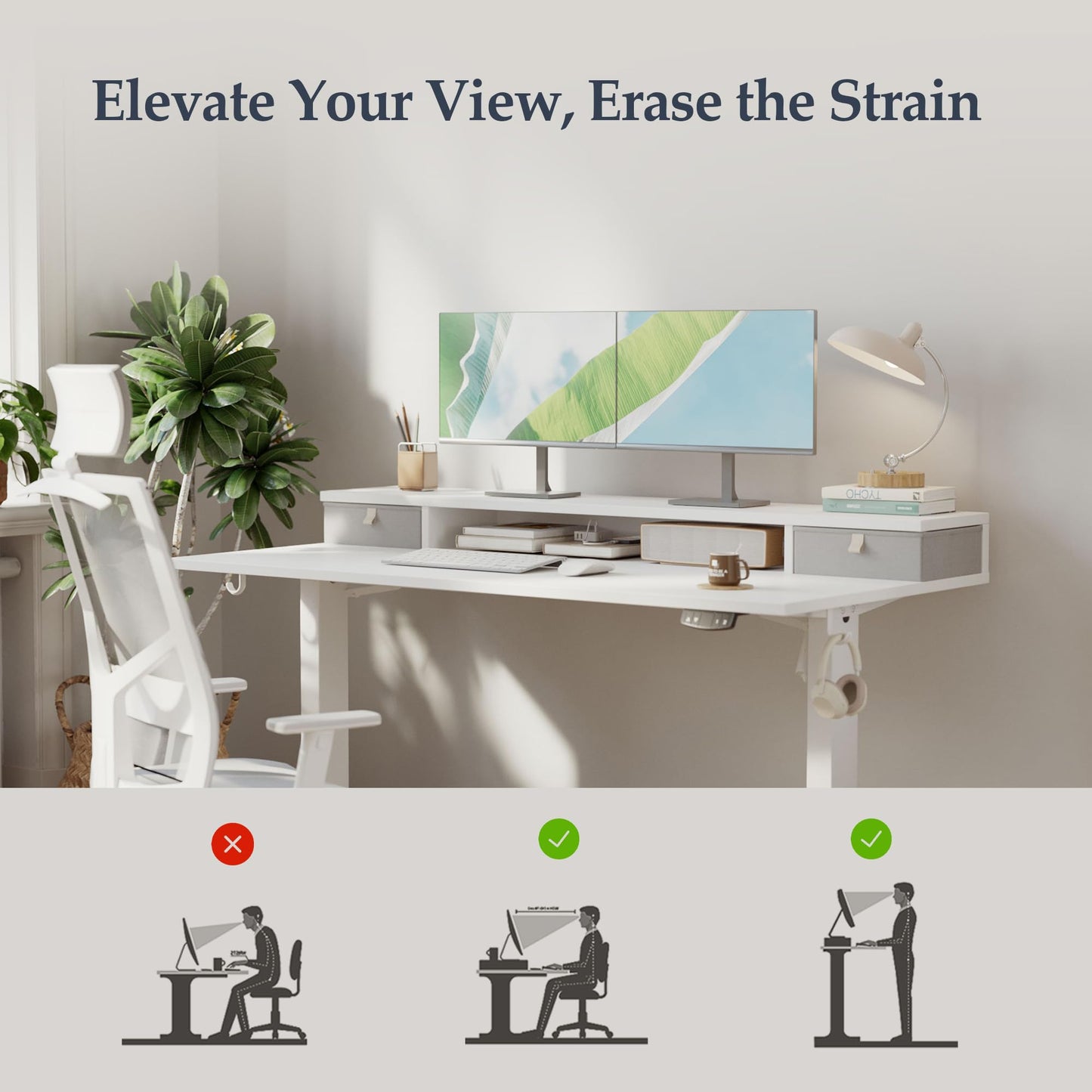 Klicelor 63 x24 Inch Electric Standing Desk with Drawers, Adjustable Height Small Sit Stand Desk for Home Office, Compact Computer Workstation with Storage– White