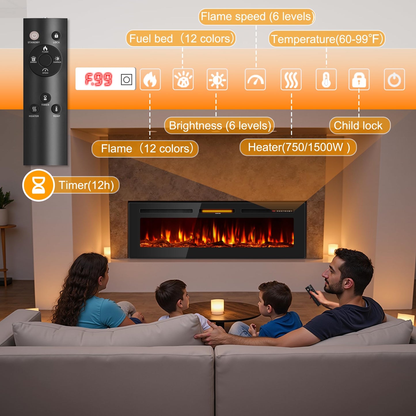 Tehanld 50" Ultra-Thin Electric Fireplace Heater, Recessed Wall Mounted