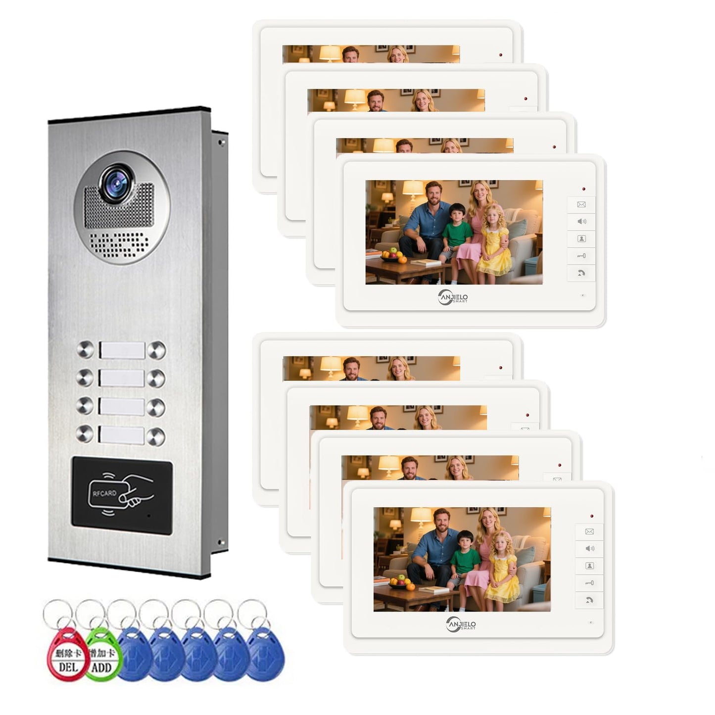 Wired Video Apartment Intercom System,2/3/4/6/8/10/12 Units 7 inch Monitor Video Door Phone Kit,Indoor Outdoor Video Doorbell, ID Card Unlock, 2 Way Audio for Home (for 8 Family)