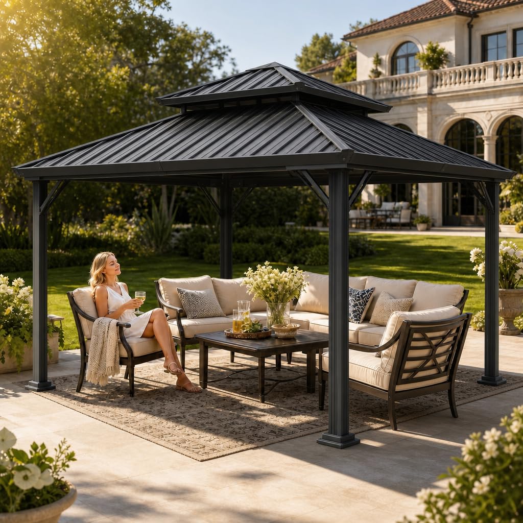 Takywep 10x10 FT Outdoor Hardtop Gazebo, Double Roof Patio Gazebo with Galvanized Steel Roof, Rust-Resistant Aluminum Frame, Drainage System, Curtains and Mesh Netting for Backyard, Deck, and Patio