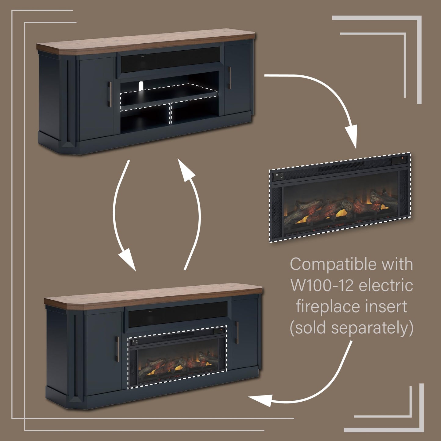 Signature Design by Ashley Landocken Contemporary 83" TV Stand for TVs up to 95" with Fireplace Option, 2 Cabinets, 2 Doors, 2 Adjustable Shelves, Open Cubbies and Cord Openings, Dark Brown & Blue
