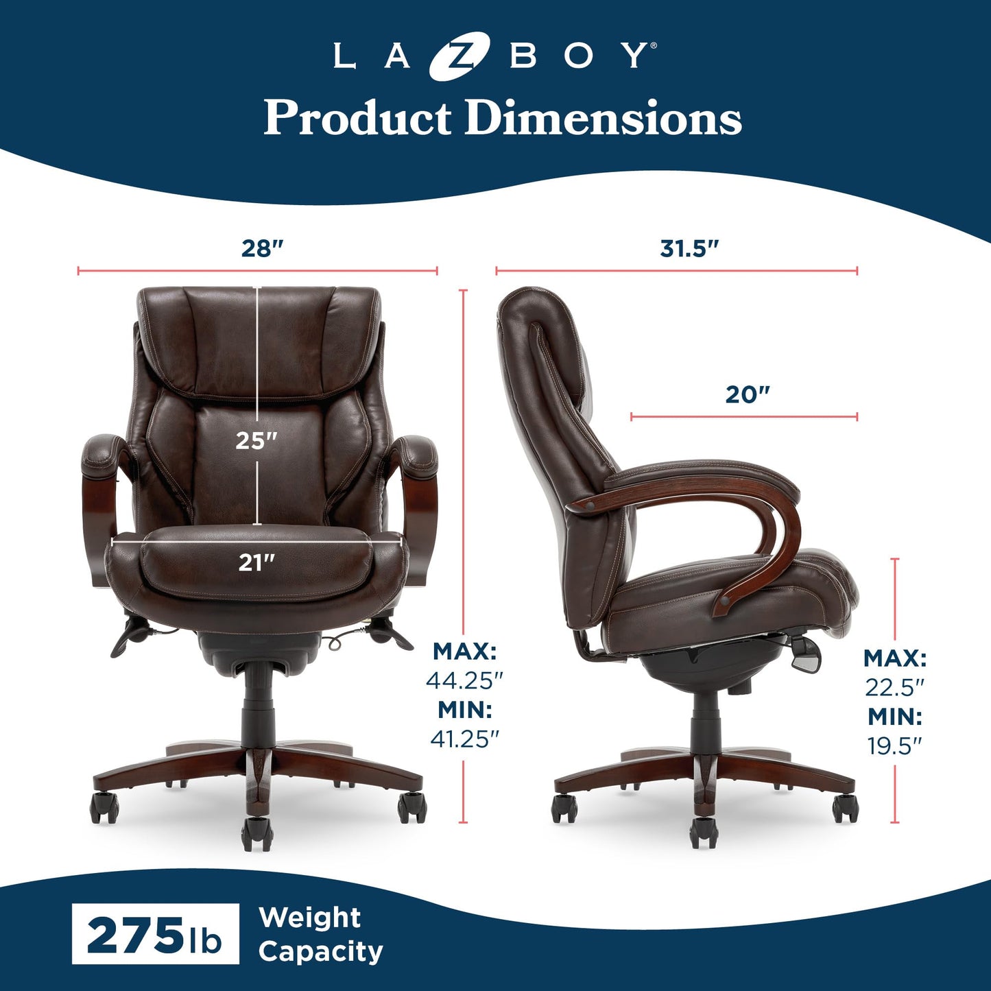 La-Z-Boy® Bellamy Executive Office Chair with Memory Foam Cushions, Real Wood Arms and Swivel Base, Waterfall Seat Edge, Faux Bonded Leather, Brown