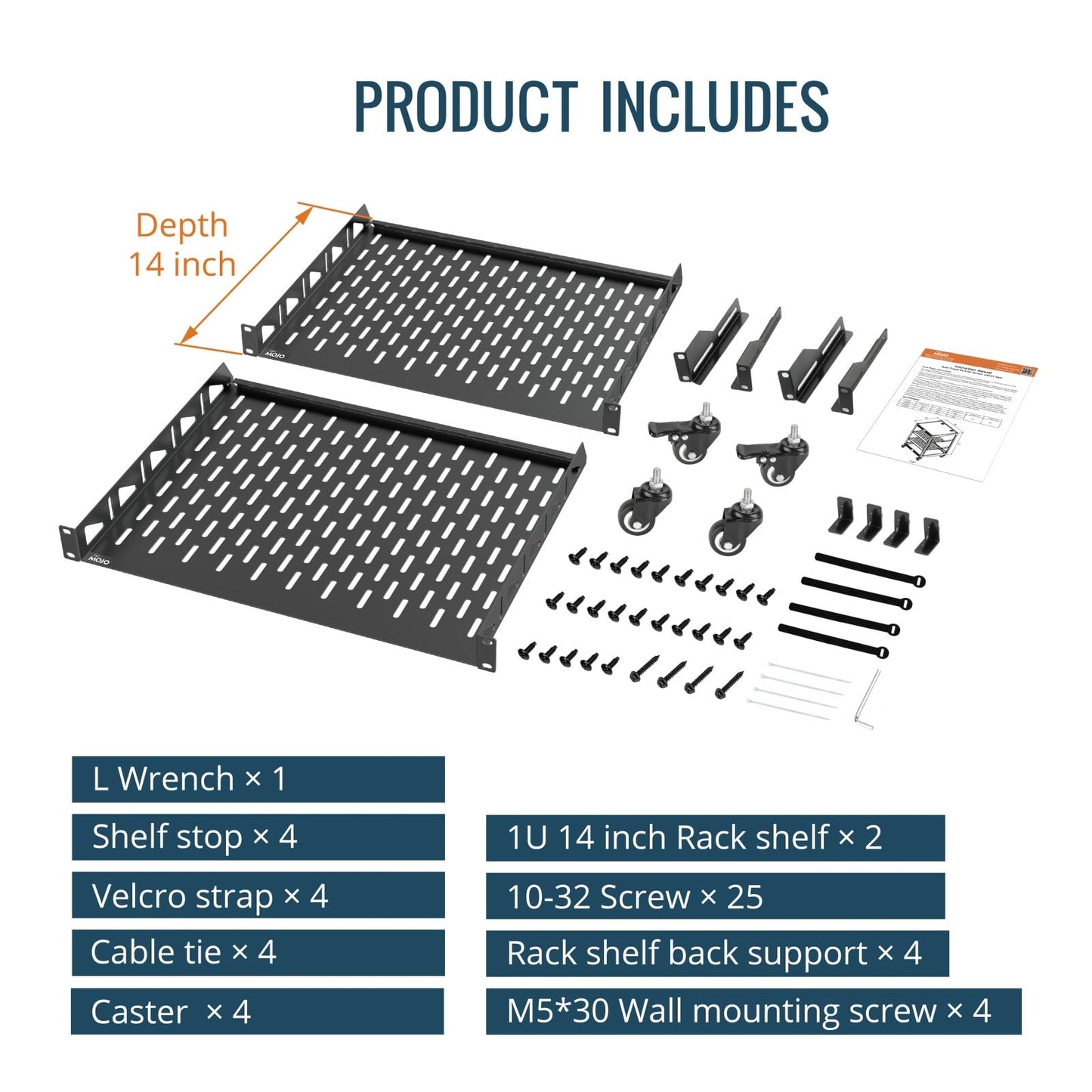 TECMOJO 20U Open Frame Network Rack for IT & AV Gear, 4-Post With Casters, Mobile With 2 PCS 1U Server Shelf & Mounting Hardware, for 19" Network, Audio and Video Device