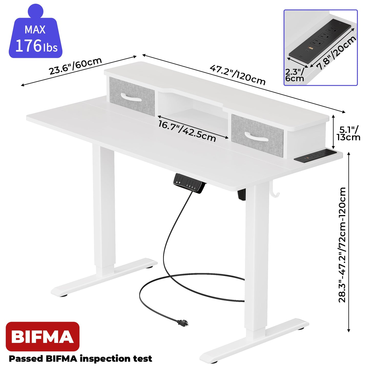 JOISCOPE 48 Inch Electric Standing Adjustable Height Desk with USB & Type-C Outlet, Home Office Computer Gaming Desk with Display Riser and Double Drawer, Sit Stand Desk, White