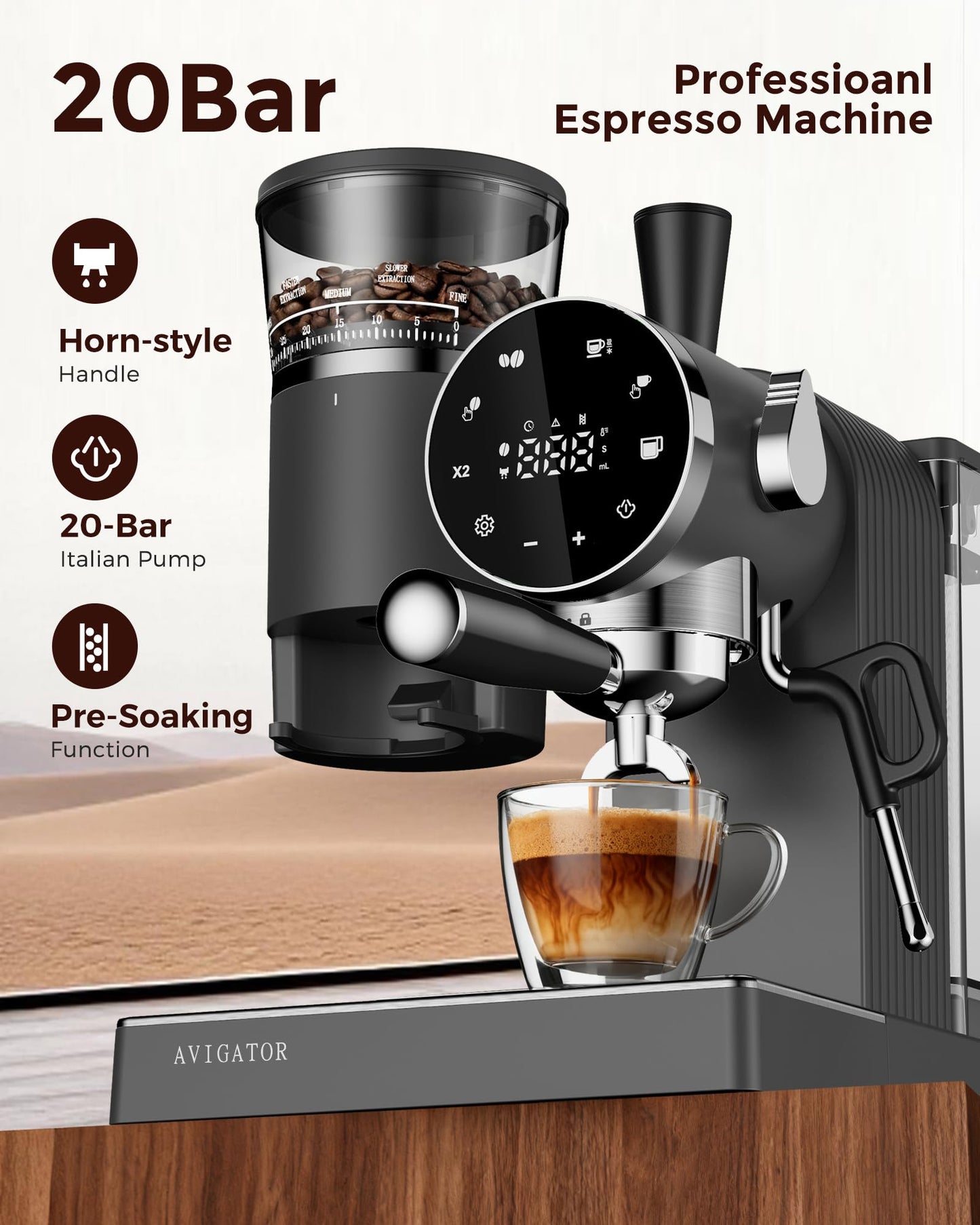 avigator 20 Bar Espresso Machine | LED Screen Touch Control | 6 Level Adjustable Grinder | Drip Coffee & Cold Brew, Milk Frother, Assisted Tamper & Built-In Accessory Storage Box | 50oz Tank