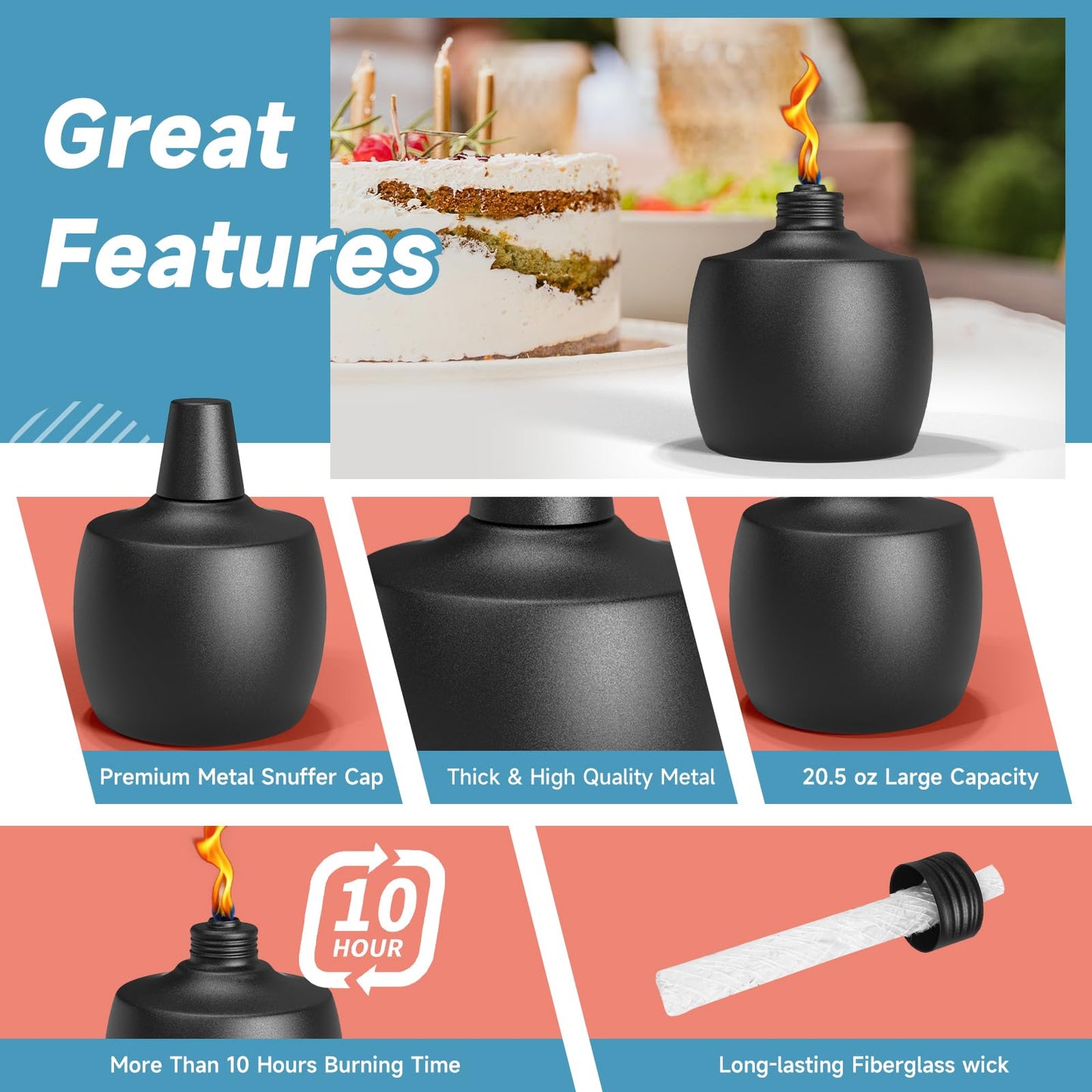 FALBAWR Citronella Tabletop Torches, 21.5 oz, Black, 6-Pack, Metal Oil Burner Candles for Outdoor Use